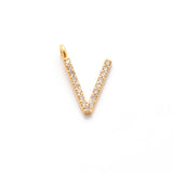 14k Solid Yellow Gold White Diamond V Initial Alphabet Charm Pendant