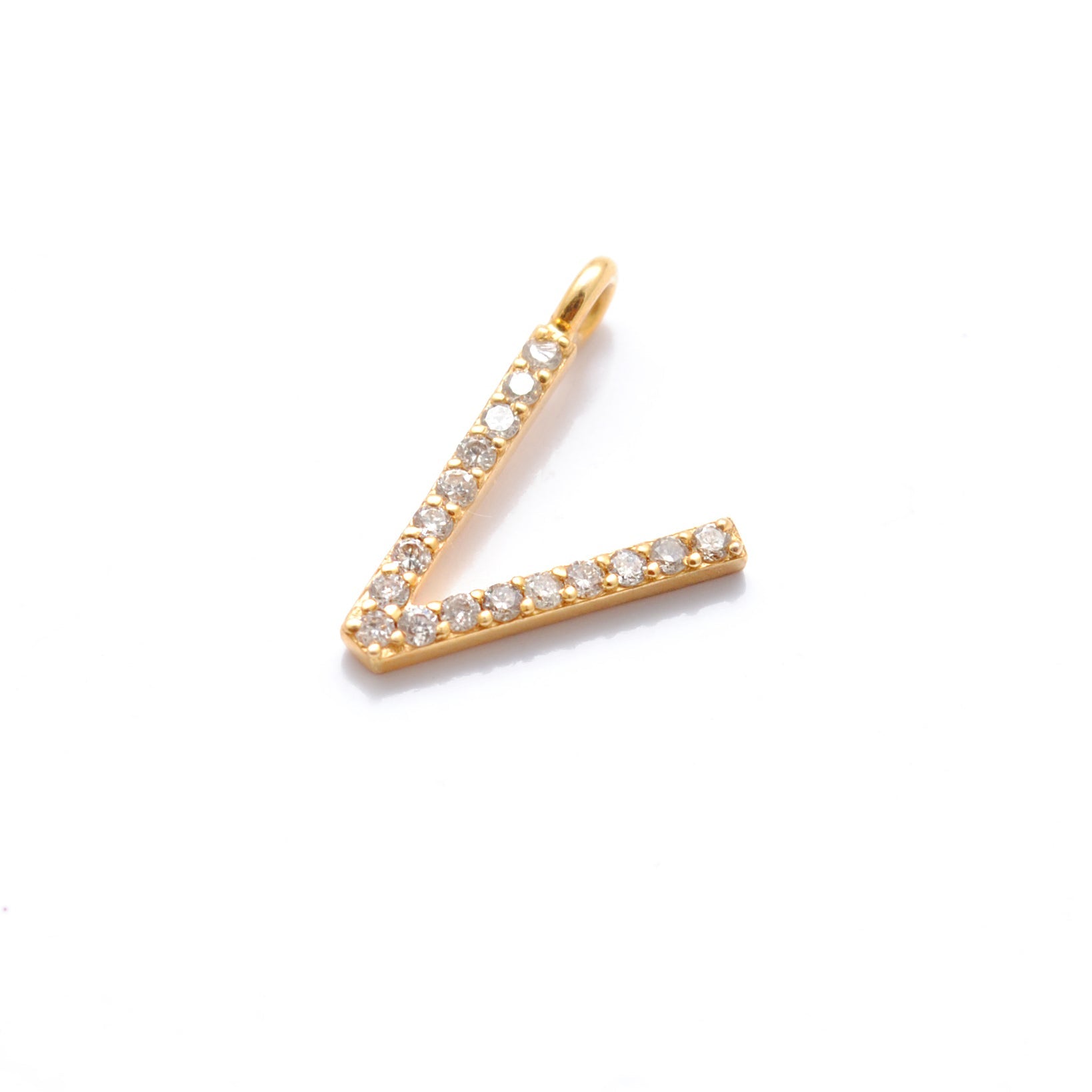 14k Solid Yellow Gold White Diamond V Initial Alphabet Charm Pendant