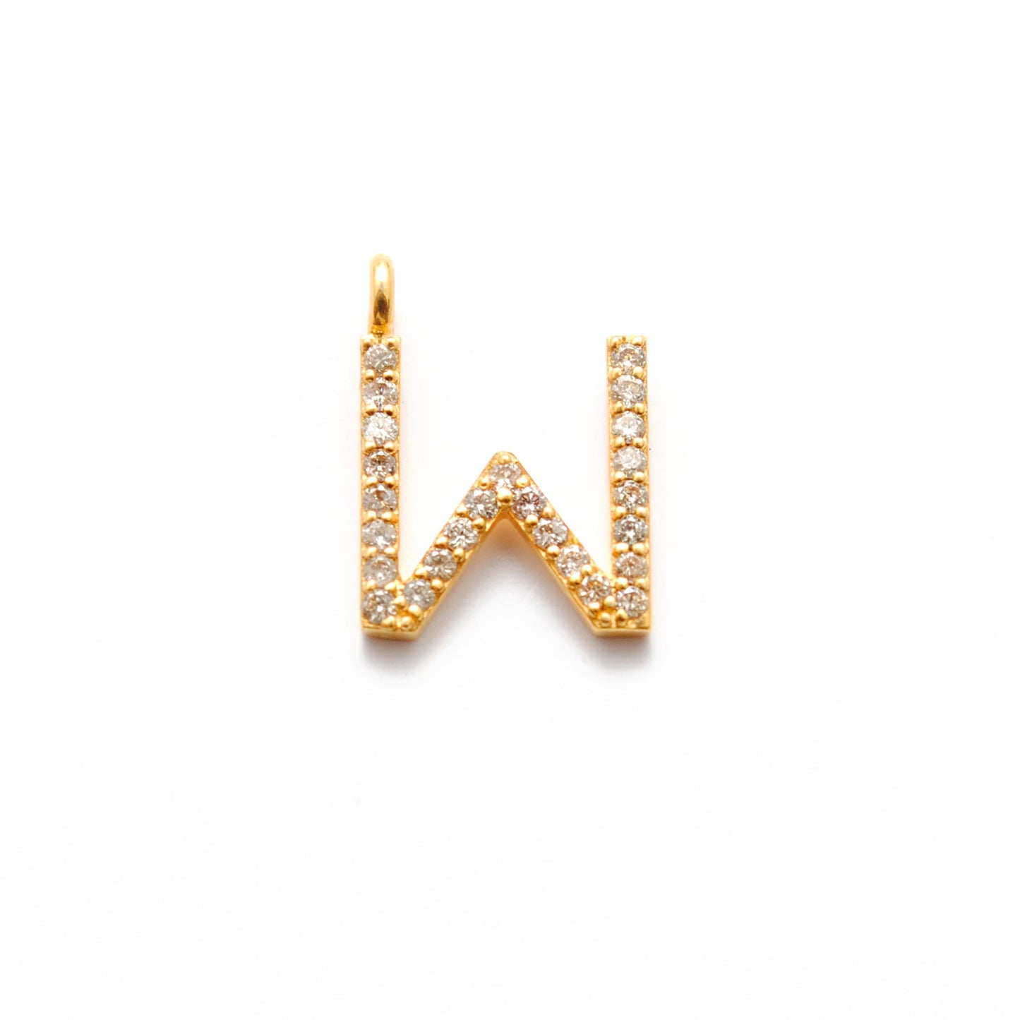 14k Solid Yellow Gold White Diamond W Initial Alphabet Charm Pendant