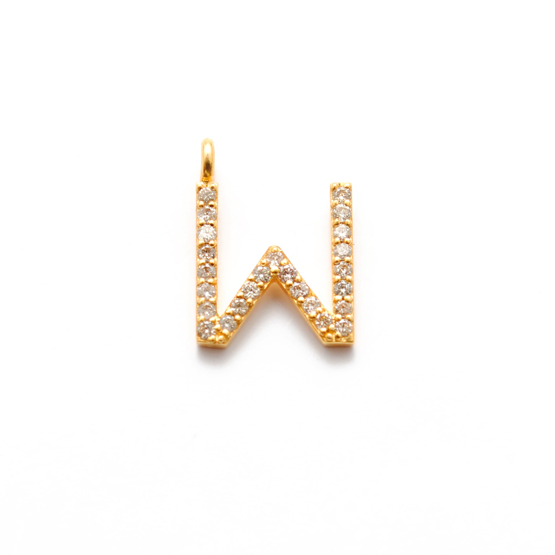 14k Solid Yellow Gold White Diamond W Initial Alphabet Charm Pendant
