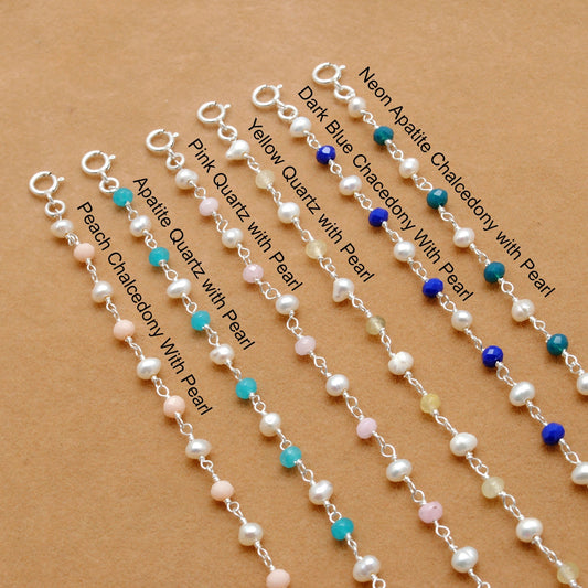 925 Silver Multi Chalcedony with Pearl Accent Beaded Bracelet