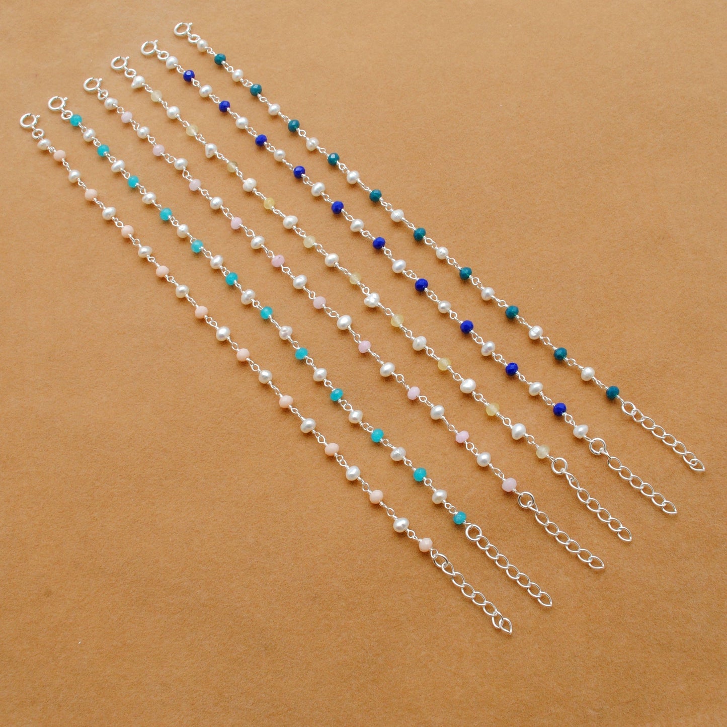 925 Silver Multi Chalcedony with Pearl Accent Beaded Bracelet