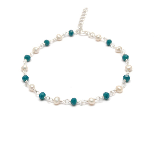 925 Silver Apatite Chalcedony & Freshwater Pearl Bead Bracelet - view 3