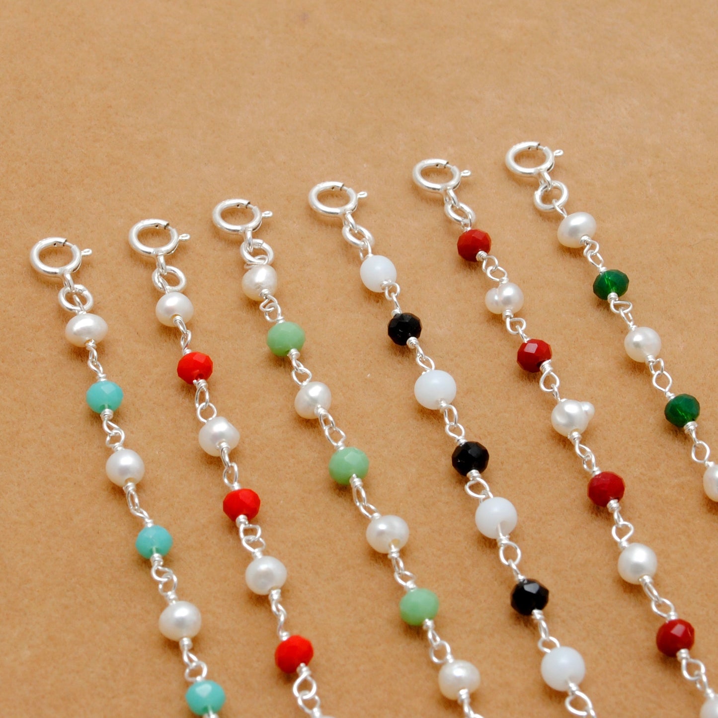 925 Silver Multi Chalcedony & Pearl Chain Bracelet – Minimalist Jewelry - Sar Gems