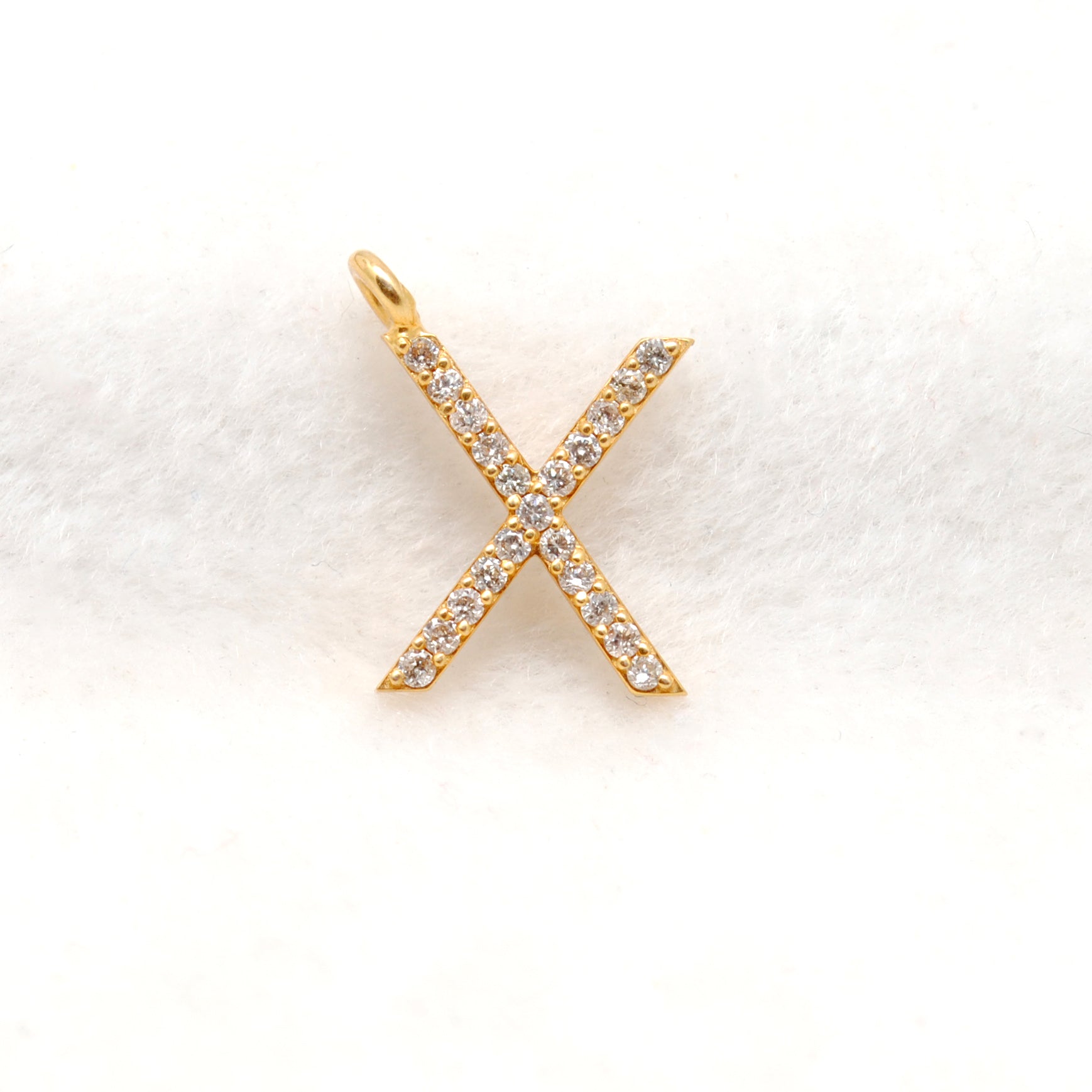 14k Solid Yellow Gold White Diamond X Initial Alphabet Charm Pendant