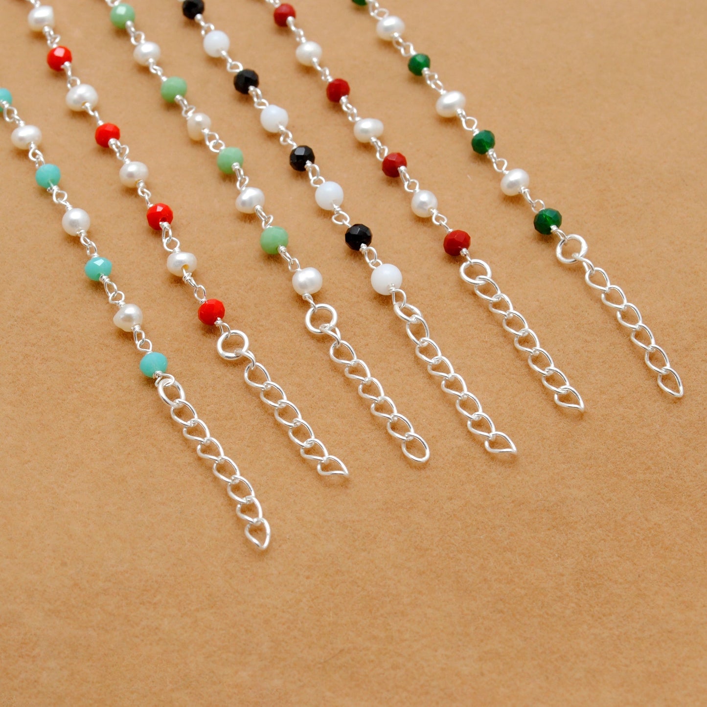 925 Silver Multi Chalcedony & Pearl Chain Bracelet – Minimalist Jewelry - Sar Gems