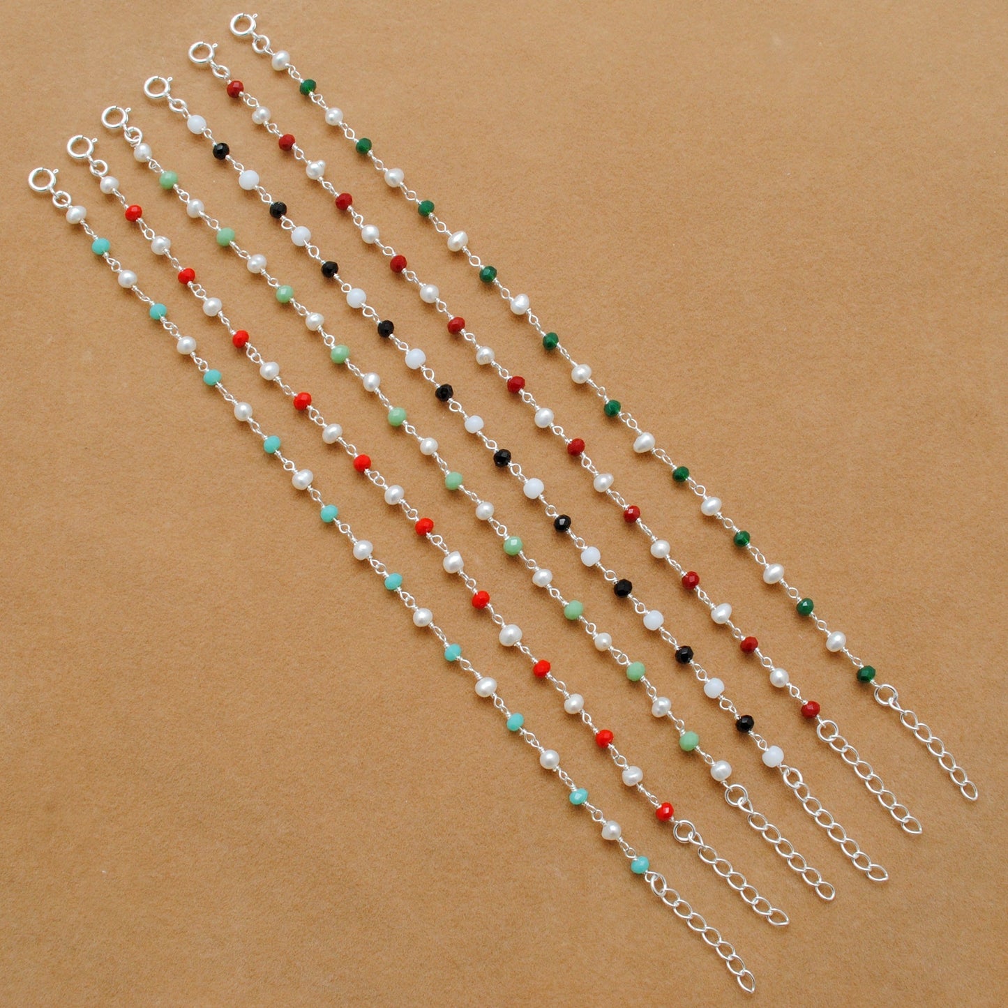925 Silver Multi Chalcedony & Pearl Chain Bracelet – Minimalist Jewelry - Sar Gems