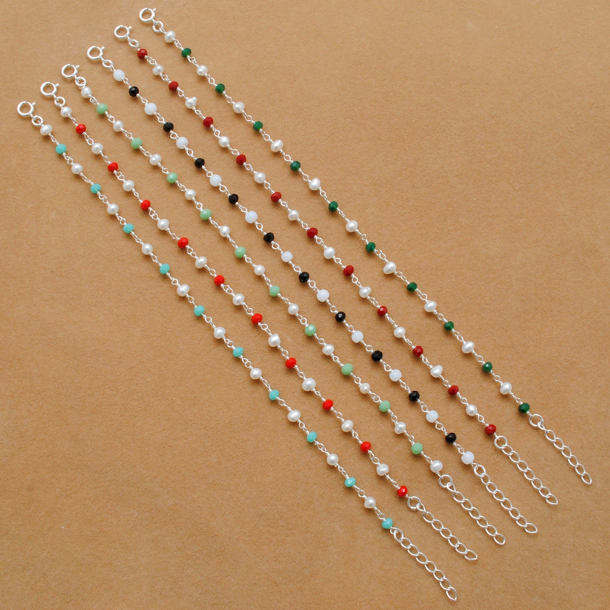925 Silver Multi Chalcedony & Pearl Chain Bracelet – Minimalist Jewelry - Sar Gems