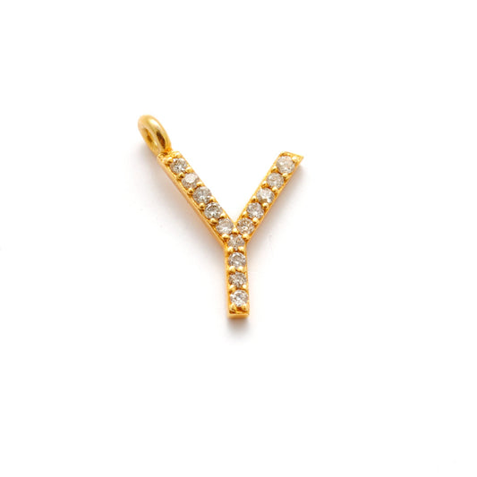 14k Solid Yellow Gold White Diamond Y Initial Alphabet Charm Pendant