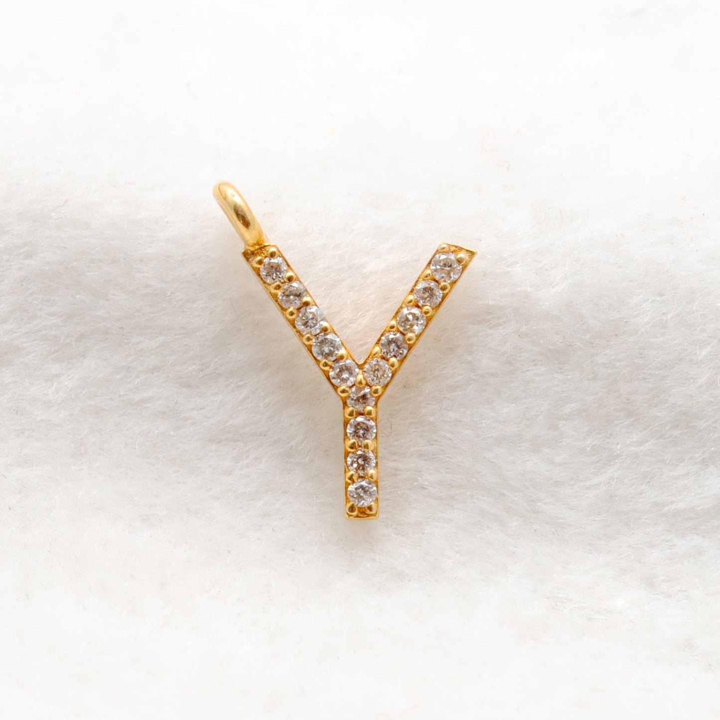 14k Solid Yellow Gold White Diamond Y Initial Alphabet Charm Pendant