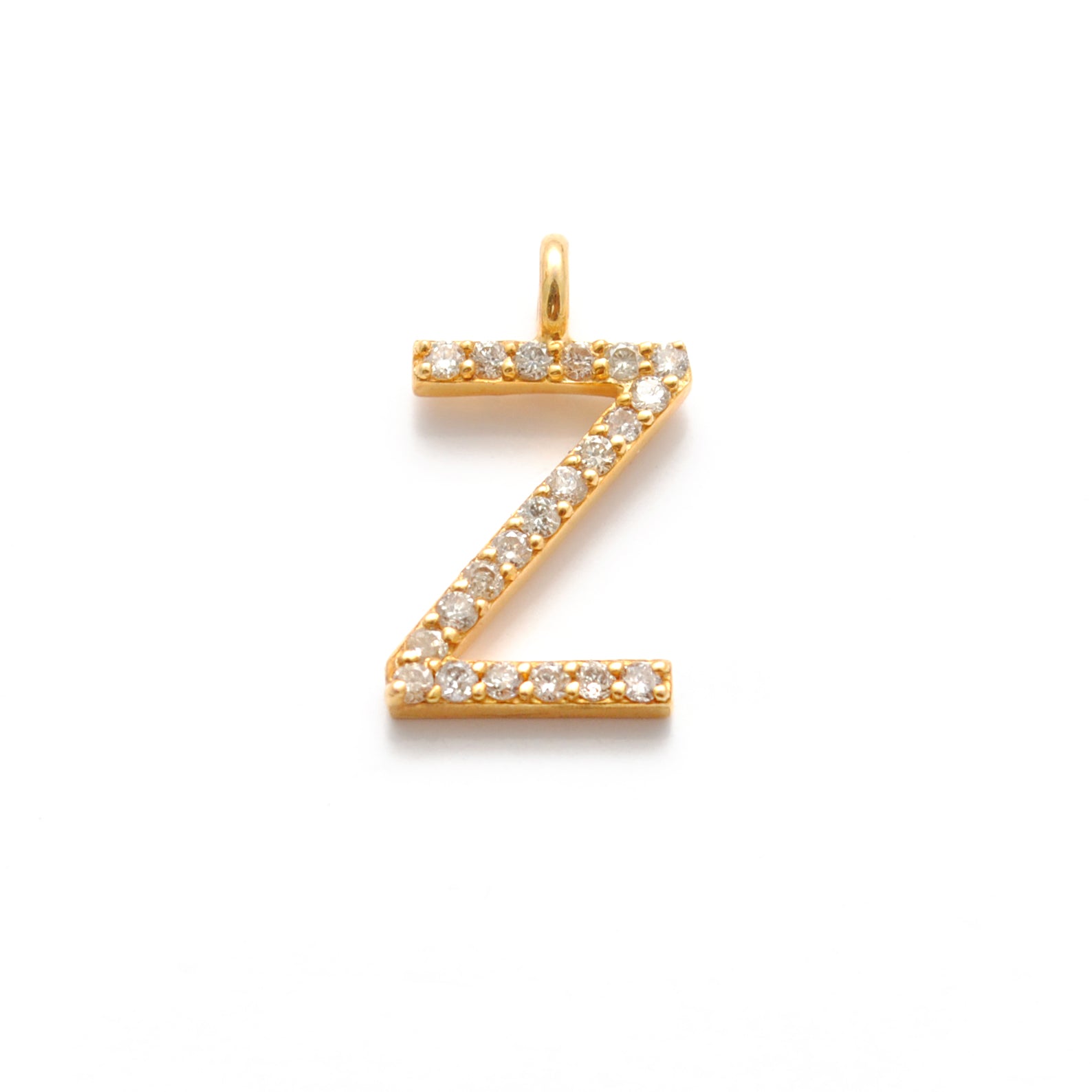 14k Solid Yellow Gold White Diamond Z Initial Alphabet Charm Pendant