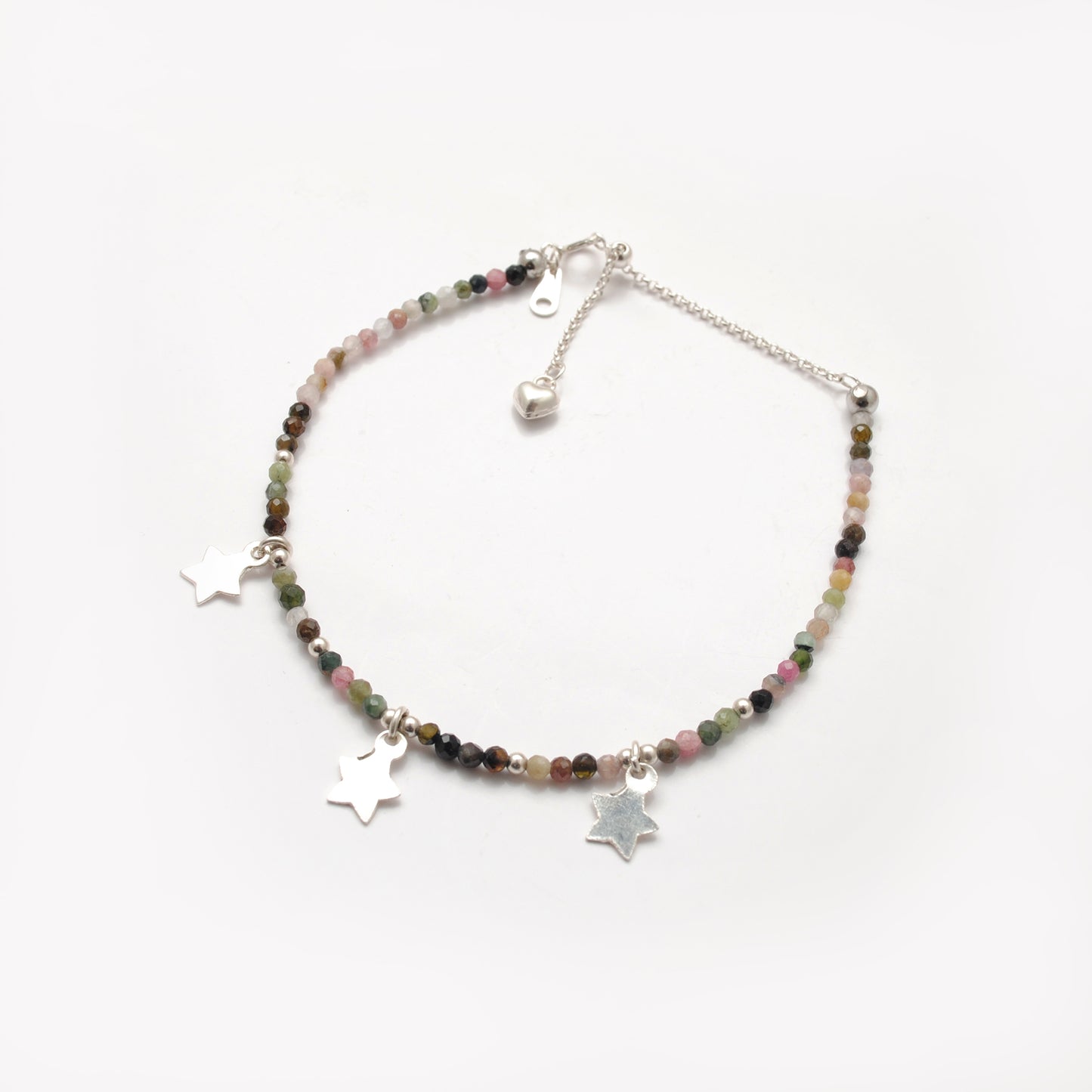 Natural Multi Tourmaline Beads With 925 Silver Charm Bracelet