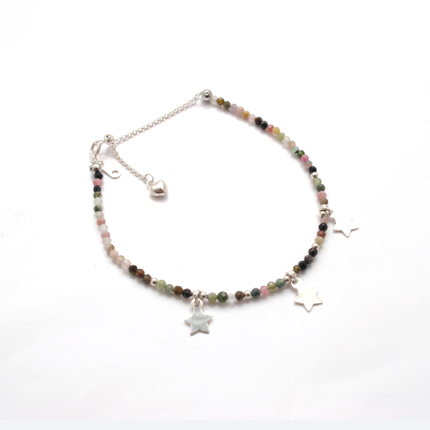 Natural Multi Tourmaline Beads With 925 Silver Charm Bracelet