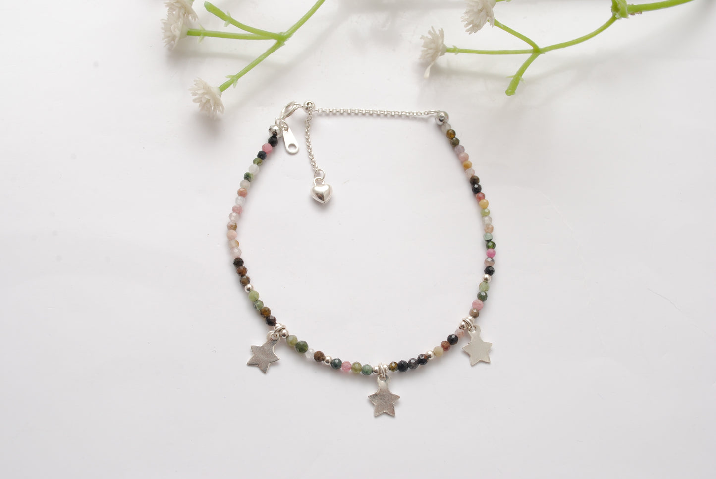 Natural Multi Tourmaline Beads With 925 Silver Charm Bracelet