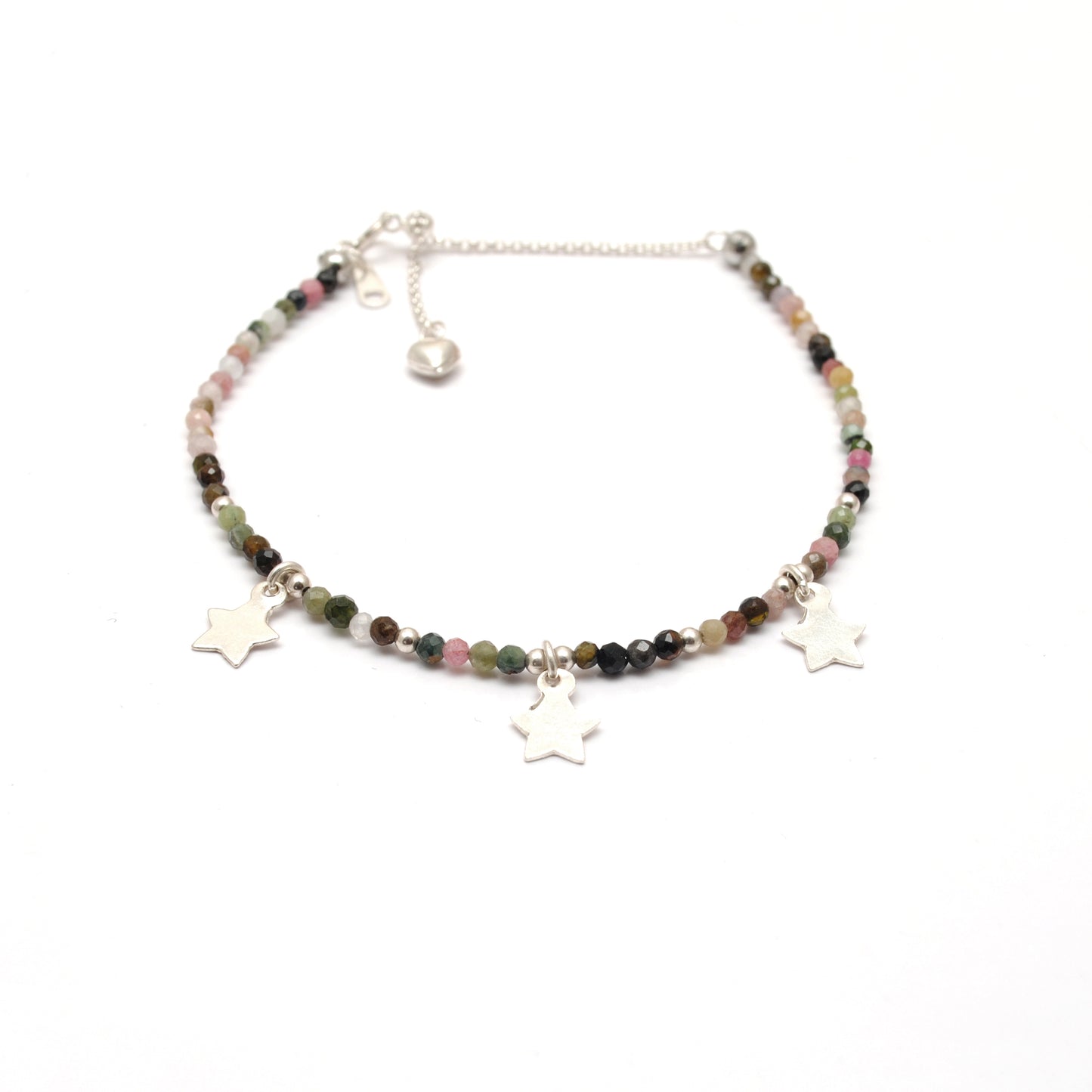 Natural Multi Tourmaline Beads With 925 Silver Charm Bracelet