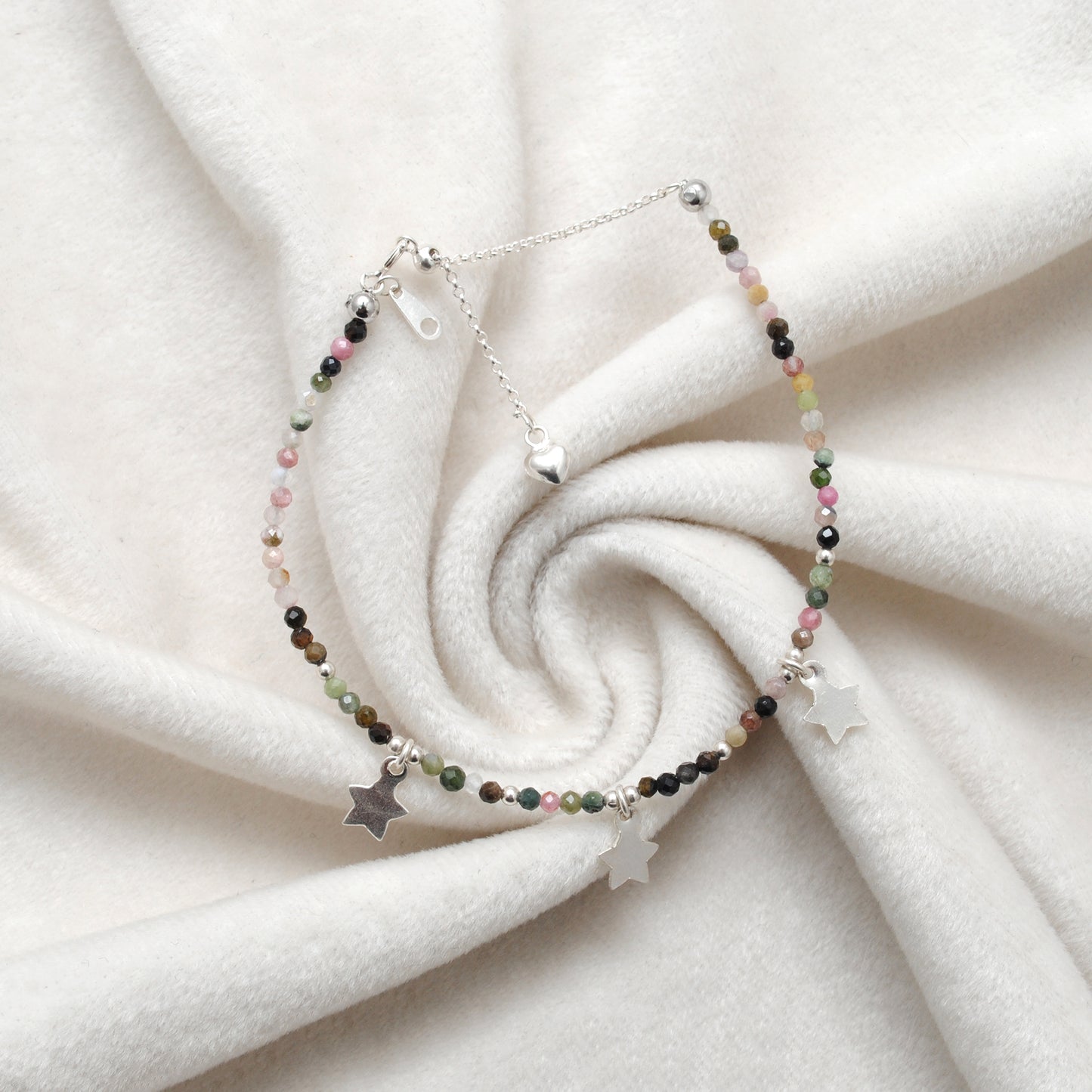 Natural Multi Tourmaline Beads With 925 Silver Charm Bracelet