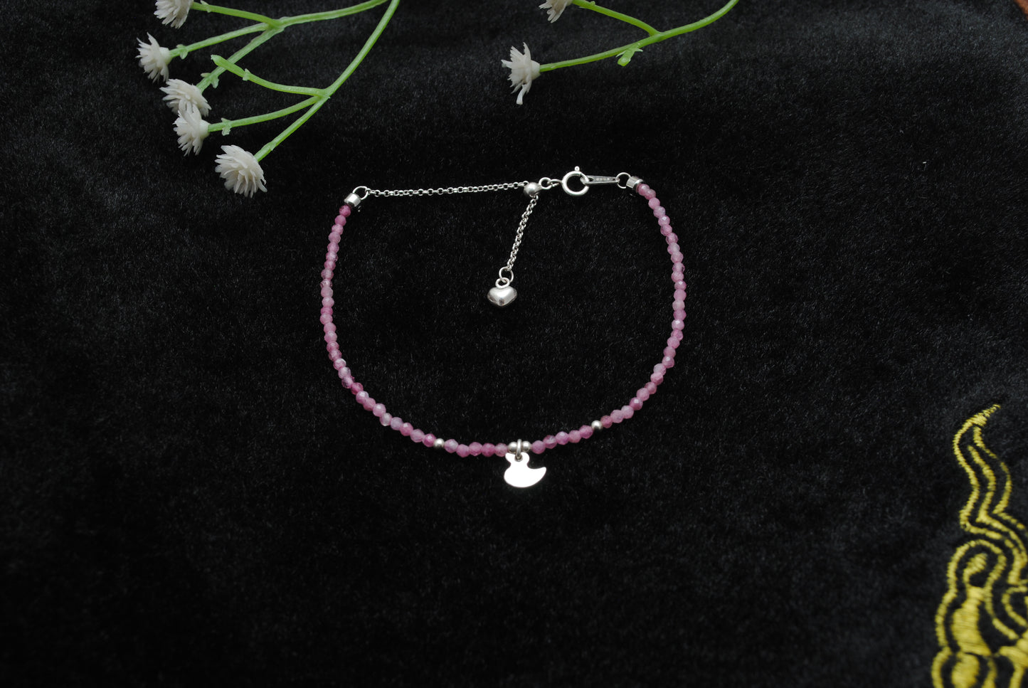 Natural Pink Tourmaline Beads 925 Silver Charm Bracelet