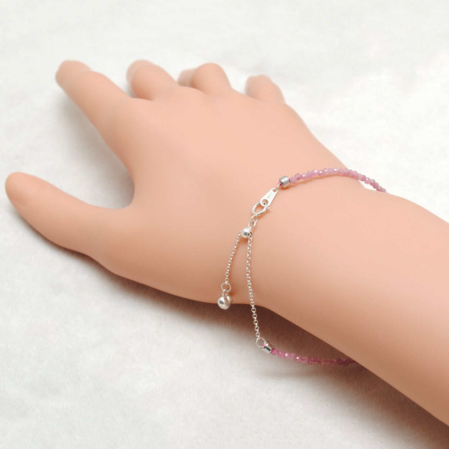 Natural Pink Tourmaline Beads 925 Silver Charm Bracelet