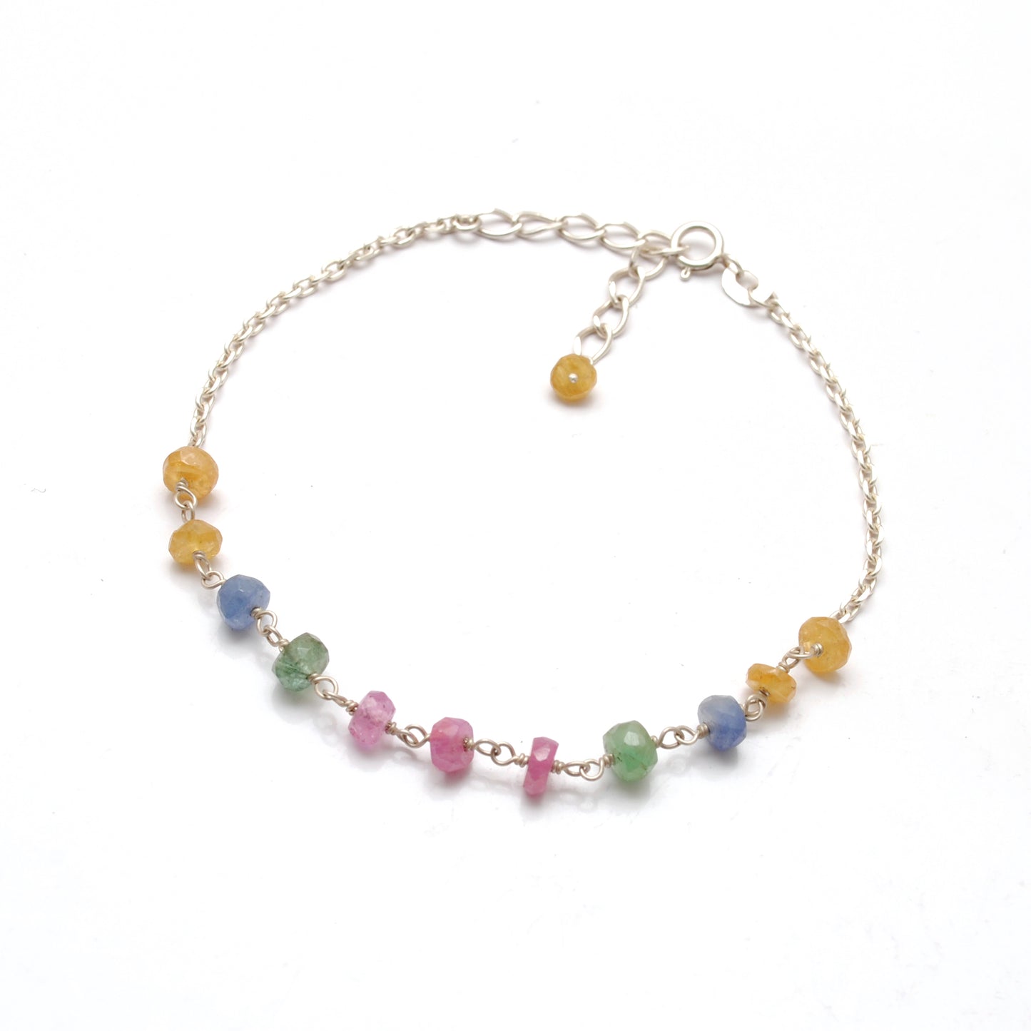 Handmade Natural Multi Sapphire 5mm Beaded Bracelet – 925 Sterling Silver Chain