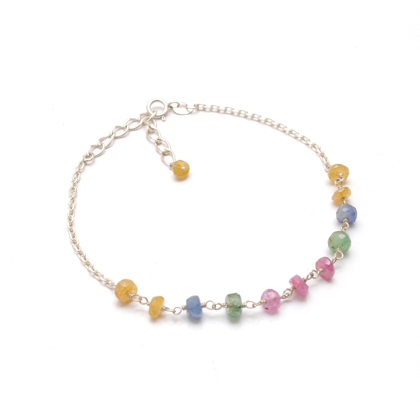 925 Sterling Silver Natural Multi Sapphire Beaded Bracelet