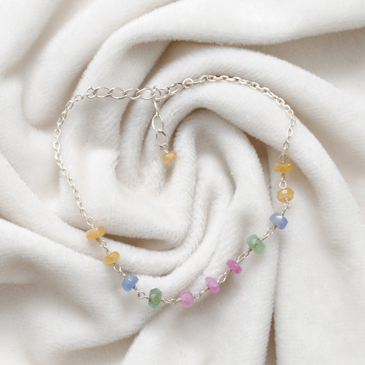 Handmade Natural Multi Sapphire 5mm Beaded Bracelet – 925 Sterling Silver Chain