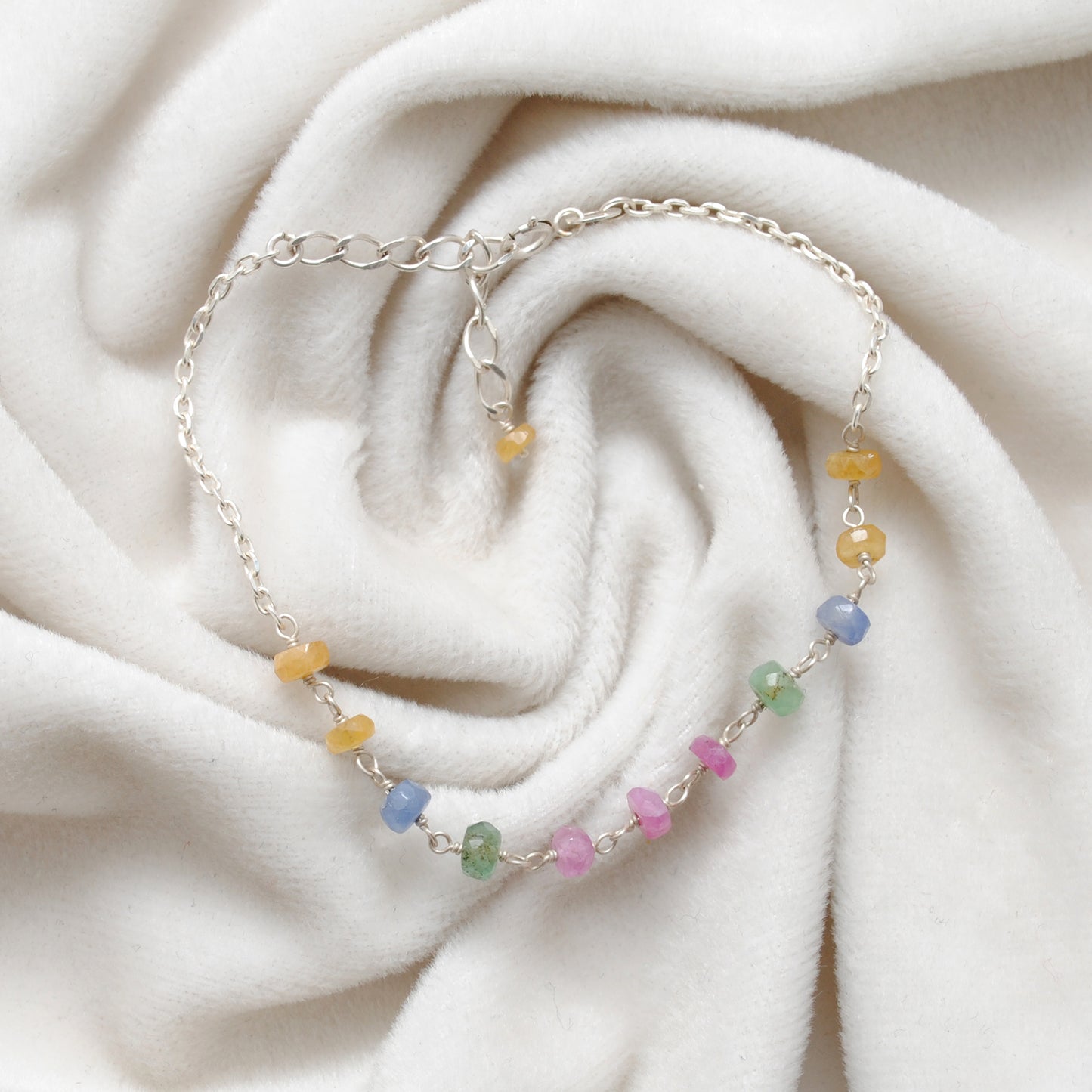 Handmade Natural Multi Sapphire 5mm Beaded Bracelet – 925 Sterling Silver Chain