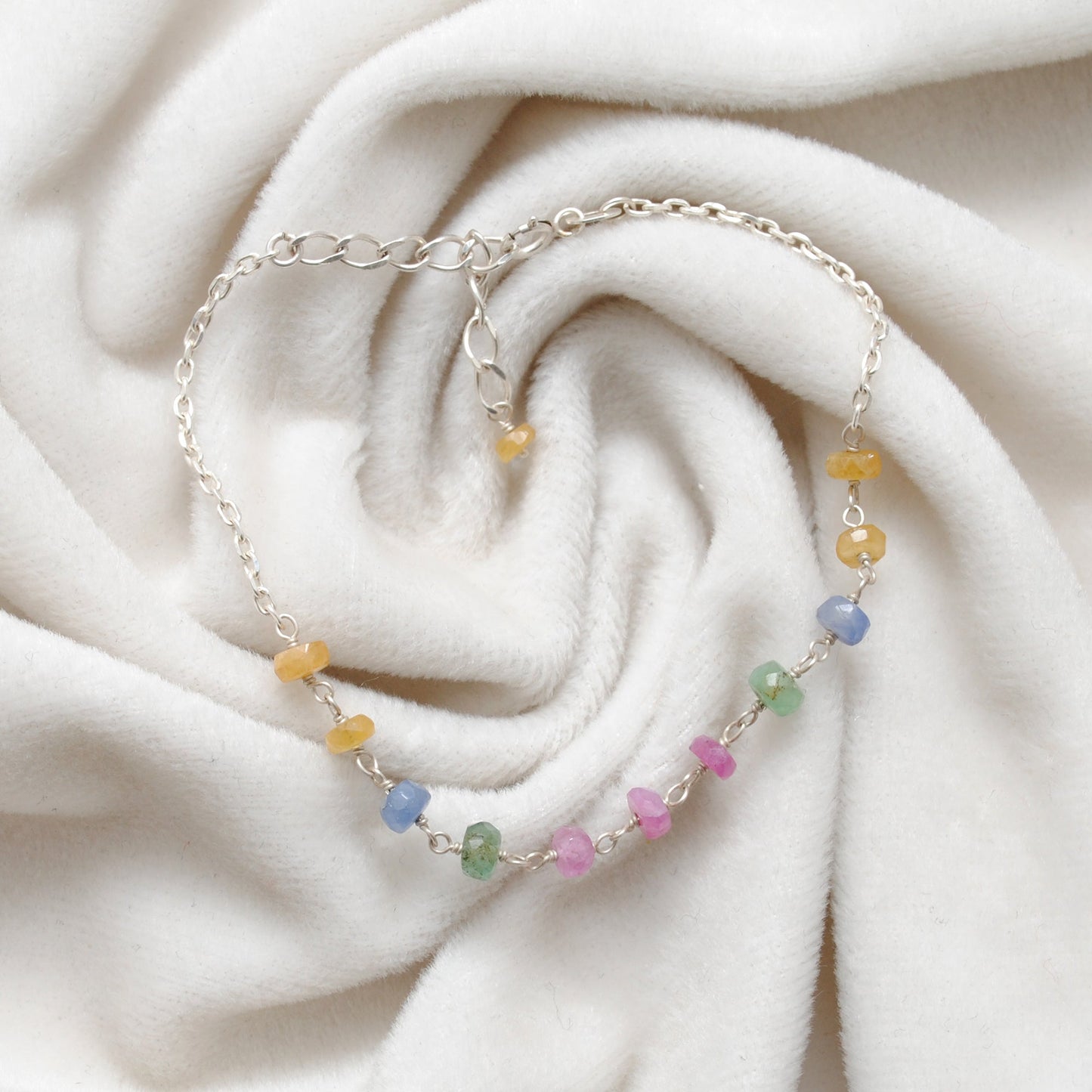 925 Sterling Silver Natural Multi Sapphire Beaded Bracelet