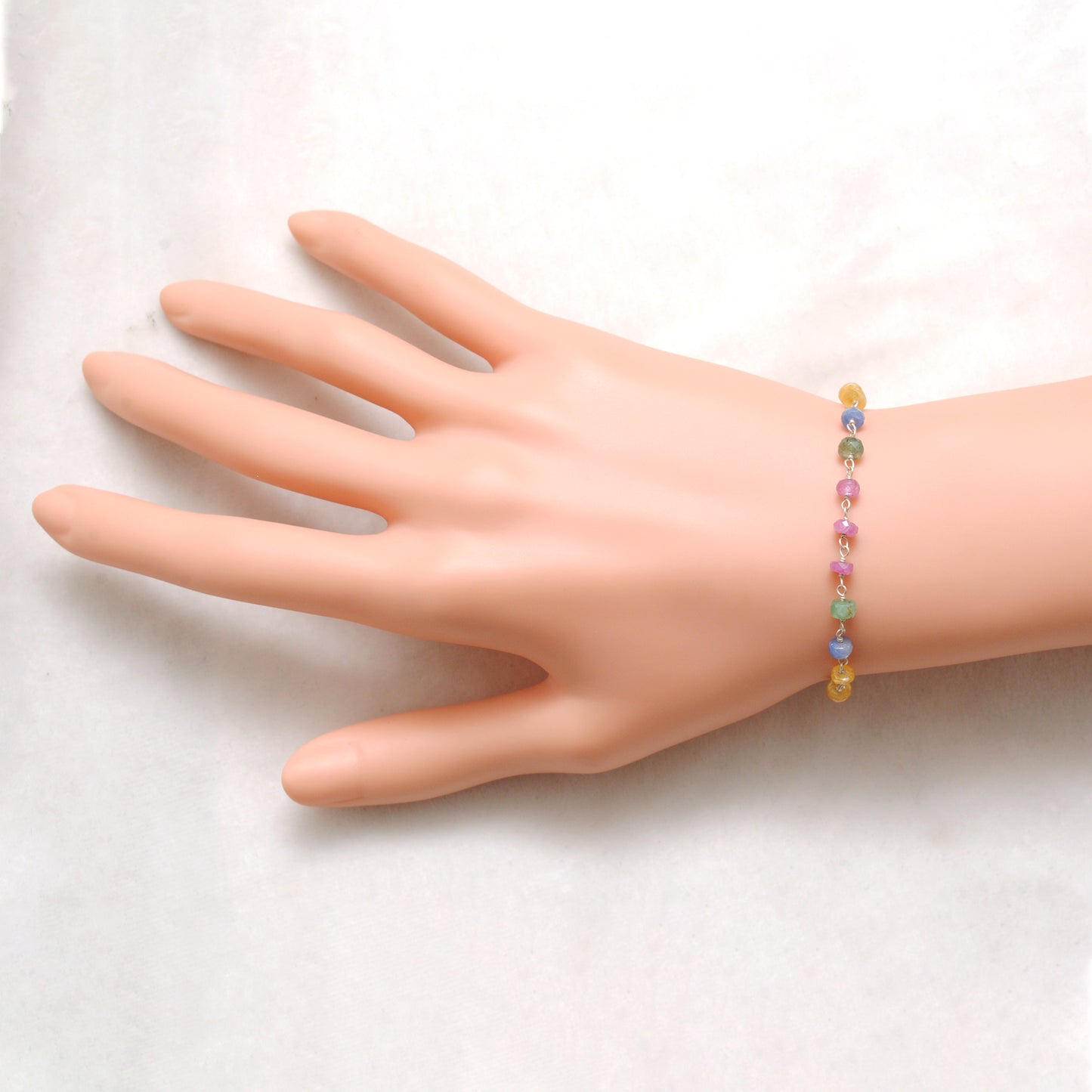 Handmade Natural Multi Sapphire 5mm Beaded Bracelet – 925 Sterling Silver Chain