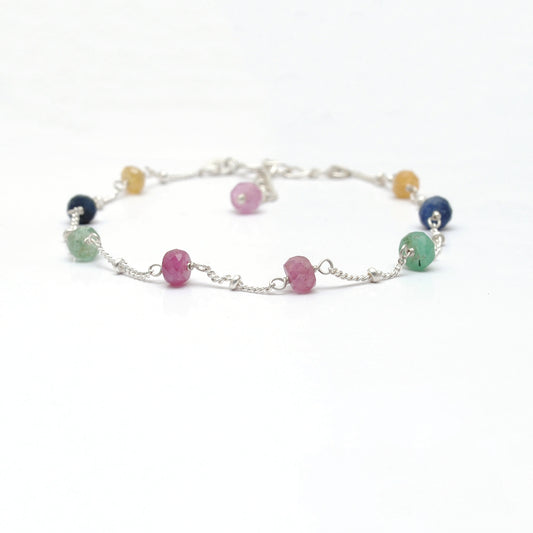 Natural Multi Sapphire Beads with 925 Silver Bracelet