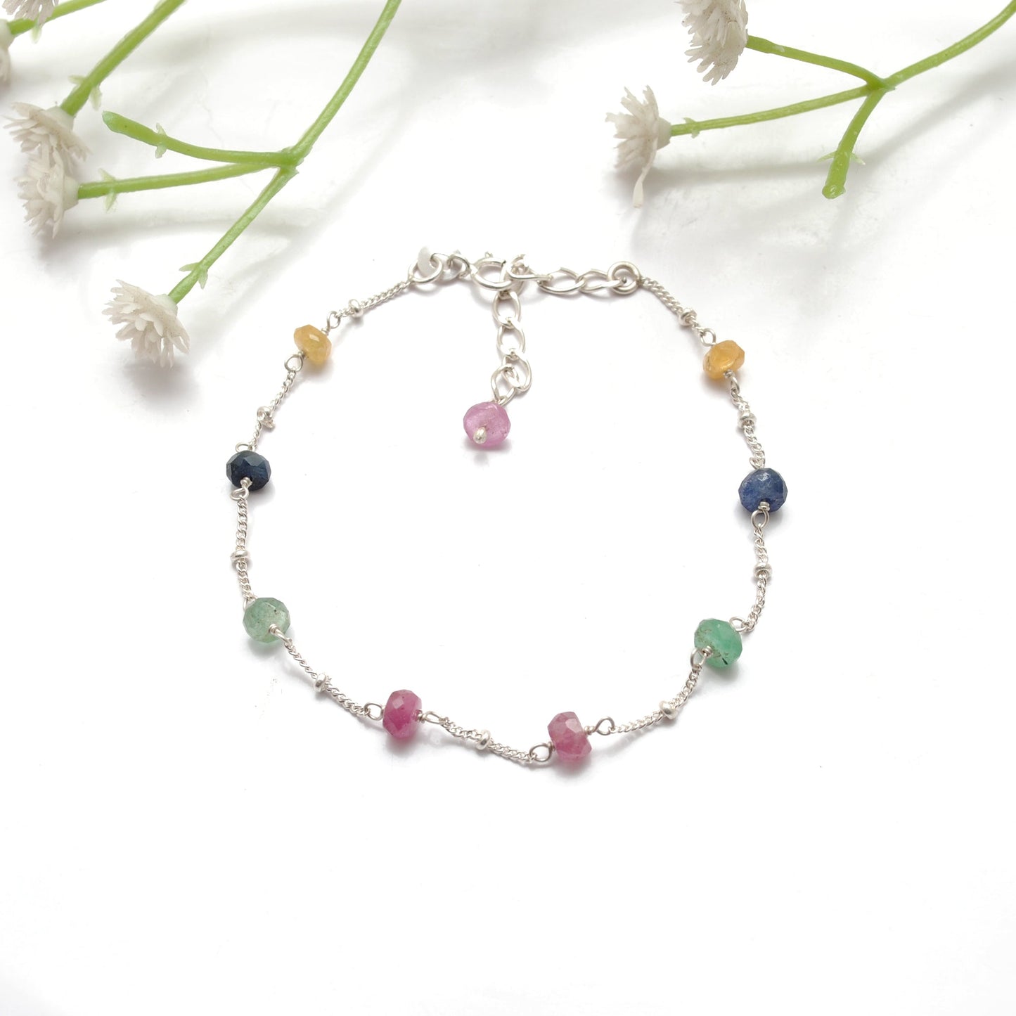 Multi Sapphire Faceted Beads Silver Bracelet