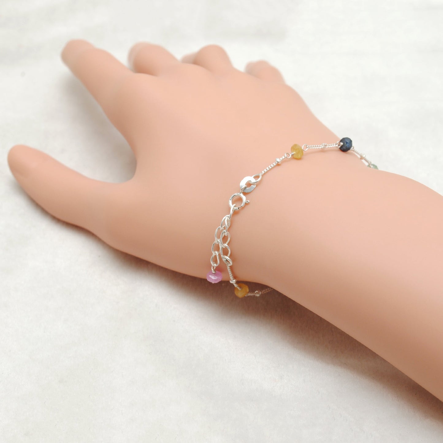 Multi Sapphire Faceted Beads Silver Bracelet