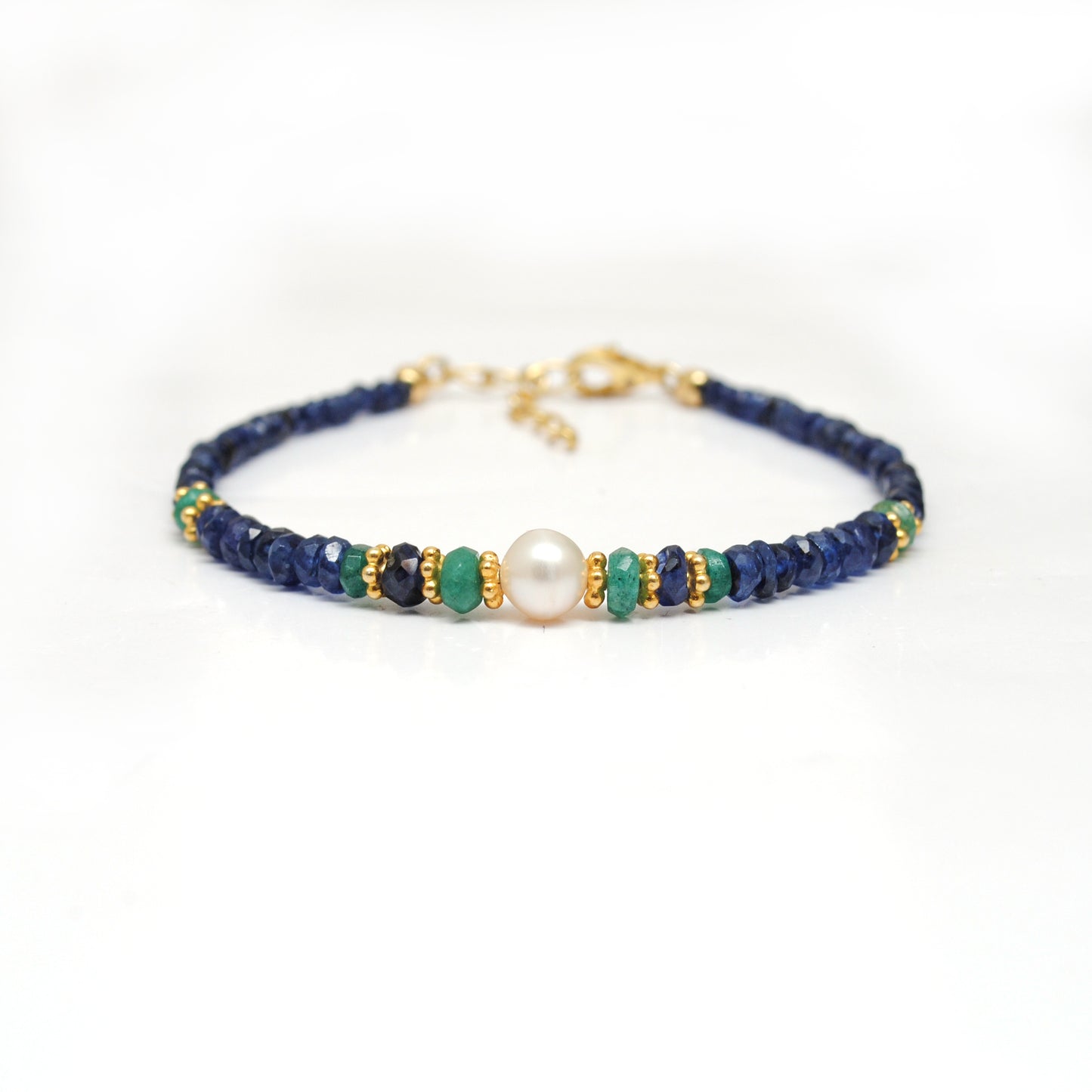 925 Silver Blue Sapphire, Emerald & Pearl Bracelet