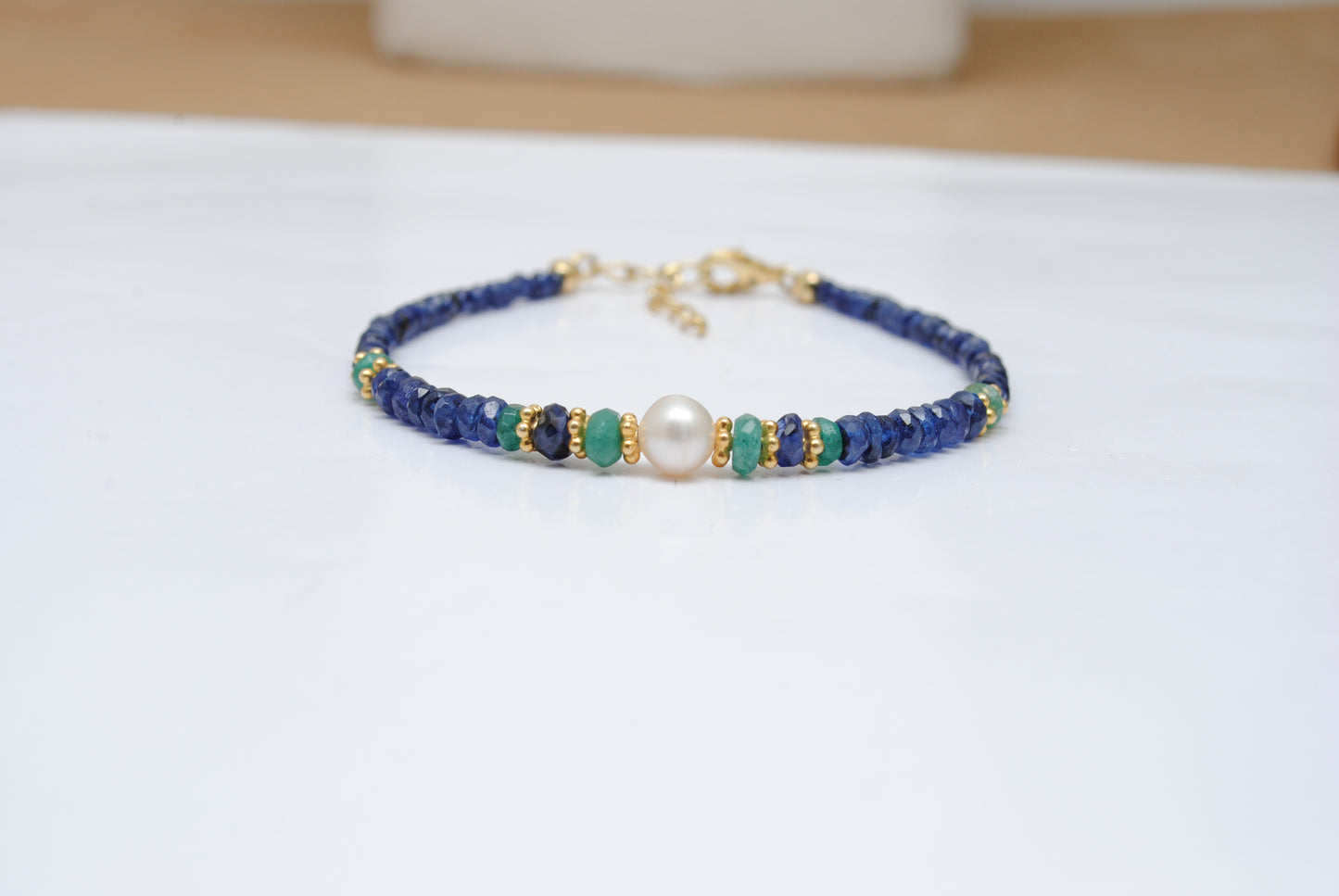 925 Silver Blue Sapphire, Emerald & Pearl Bracelet