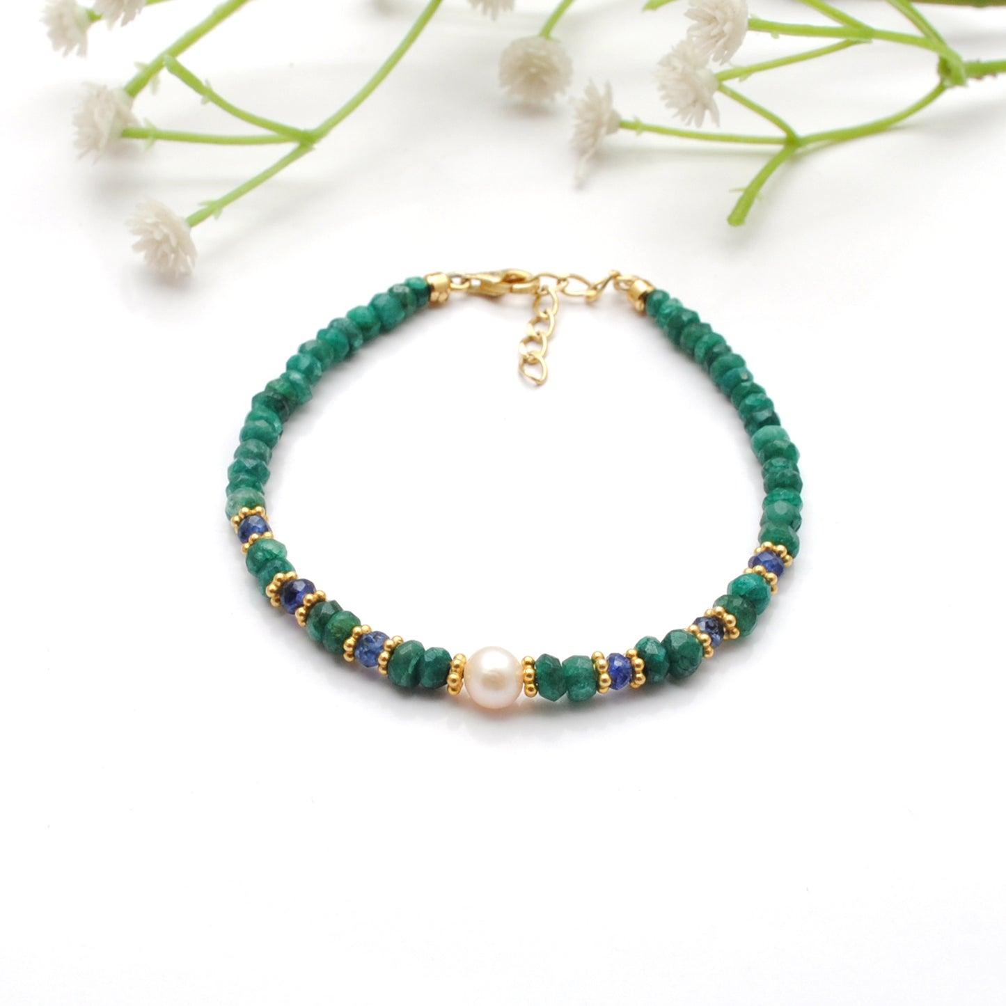 8-Inch Beaded Bracelet – 4mm Natural Blue Sapphire & Emerald, 5.5mm Freshwater Pearls