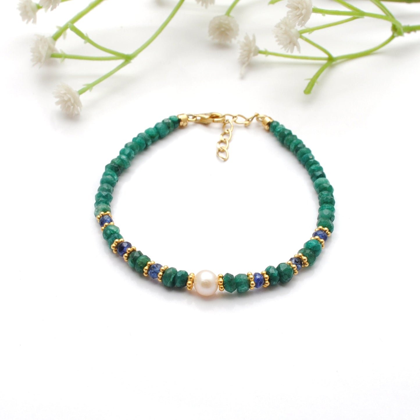 925 Sterling Silver Emerald & Sapphire Beaded Bracelet with Pearl