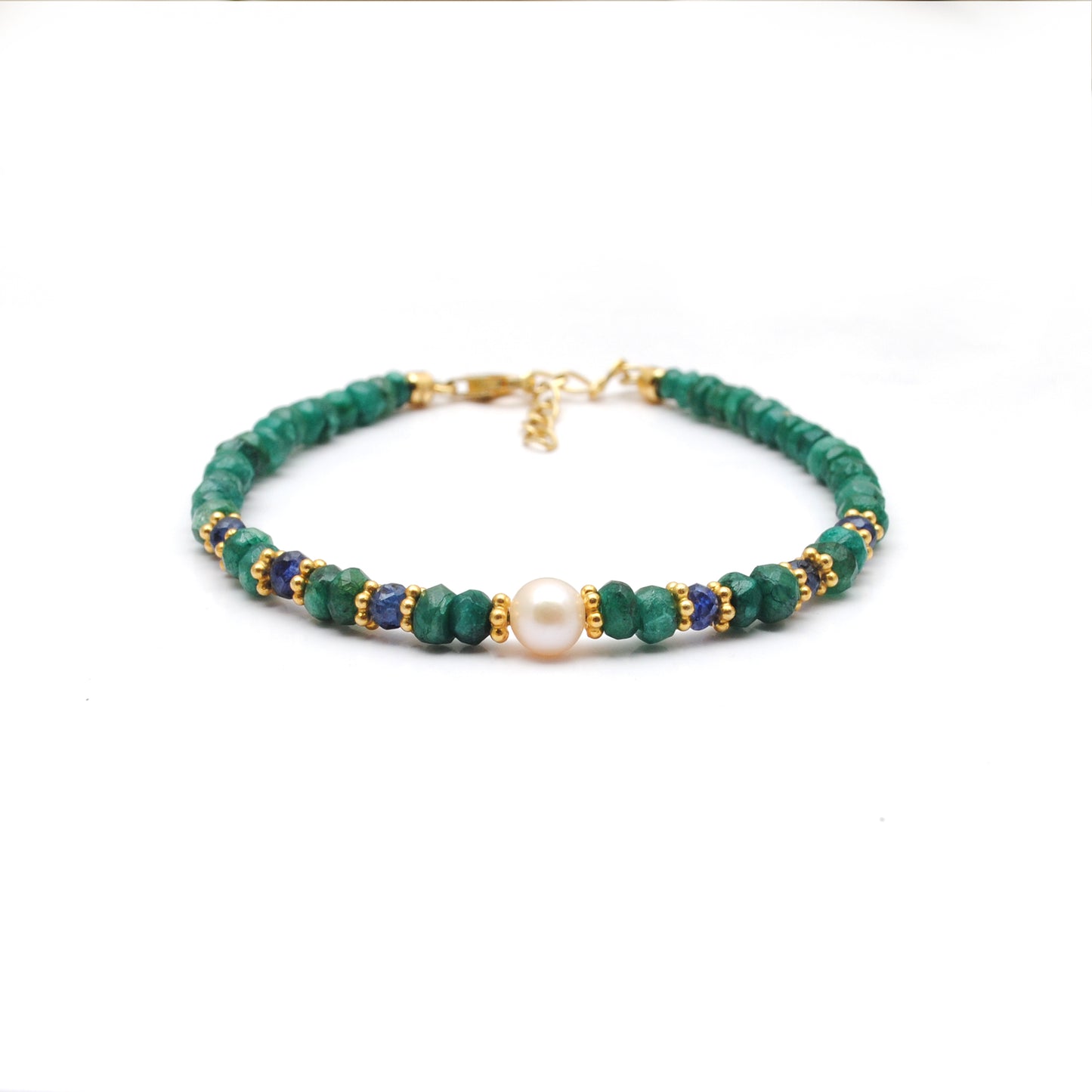 8-Inch Beaded Bracelet – 4mm Natural Blue Sapphire & Emerald, 5.5mm Freshwater Pearls