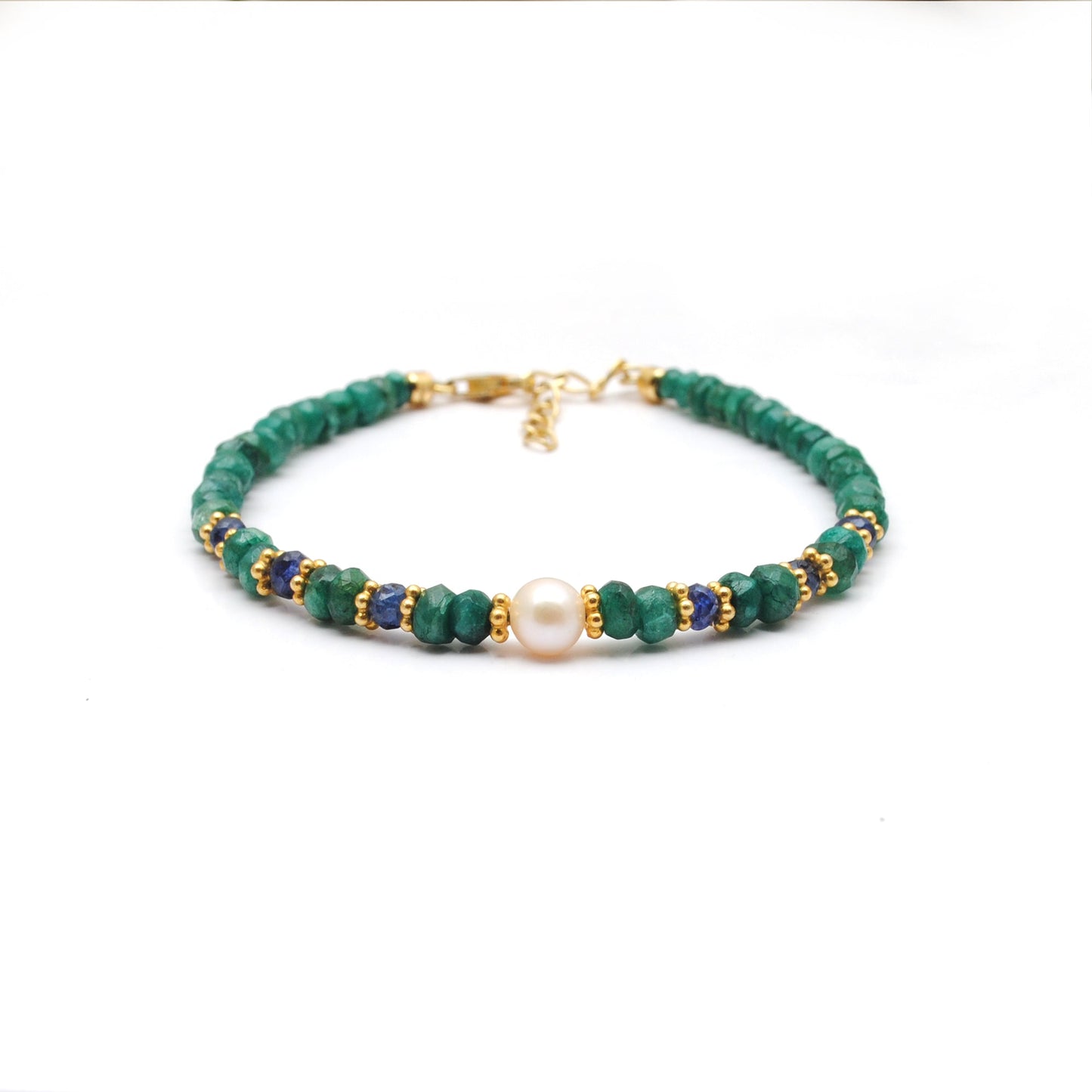 925 Sterling Silver Emerald & Sapphire Beaded Bracelet with Pearl