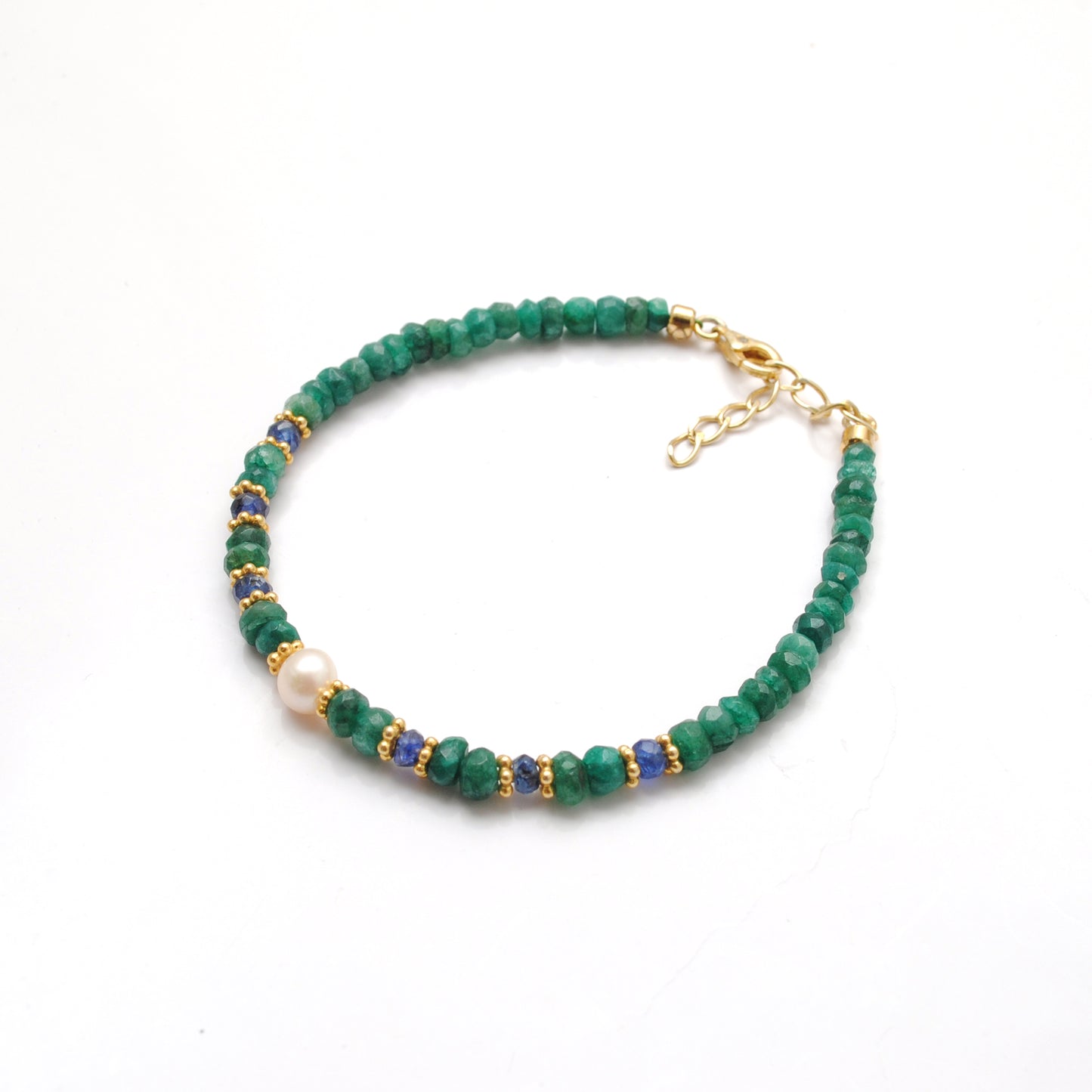 8-Inch Beaded Bracelet – 4mm Natural Blue Sapphire & Emerald, 5.5mm Freshwater Pearls