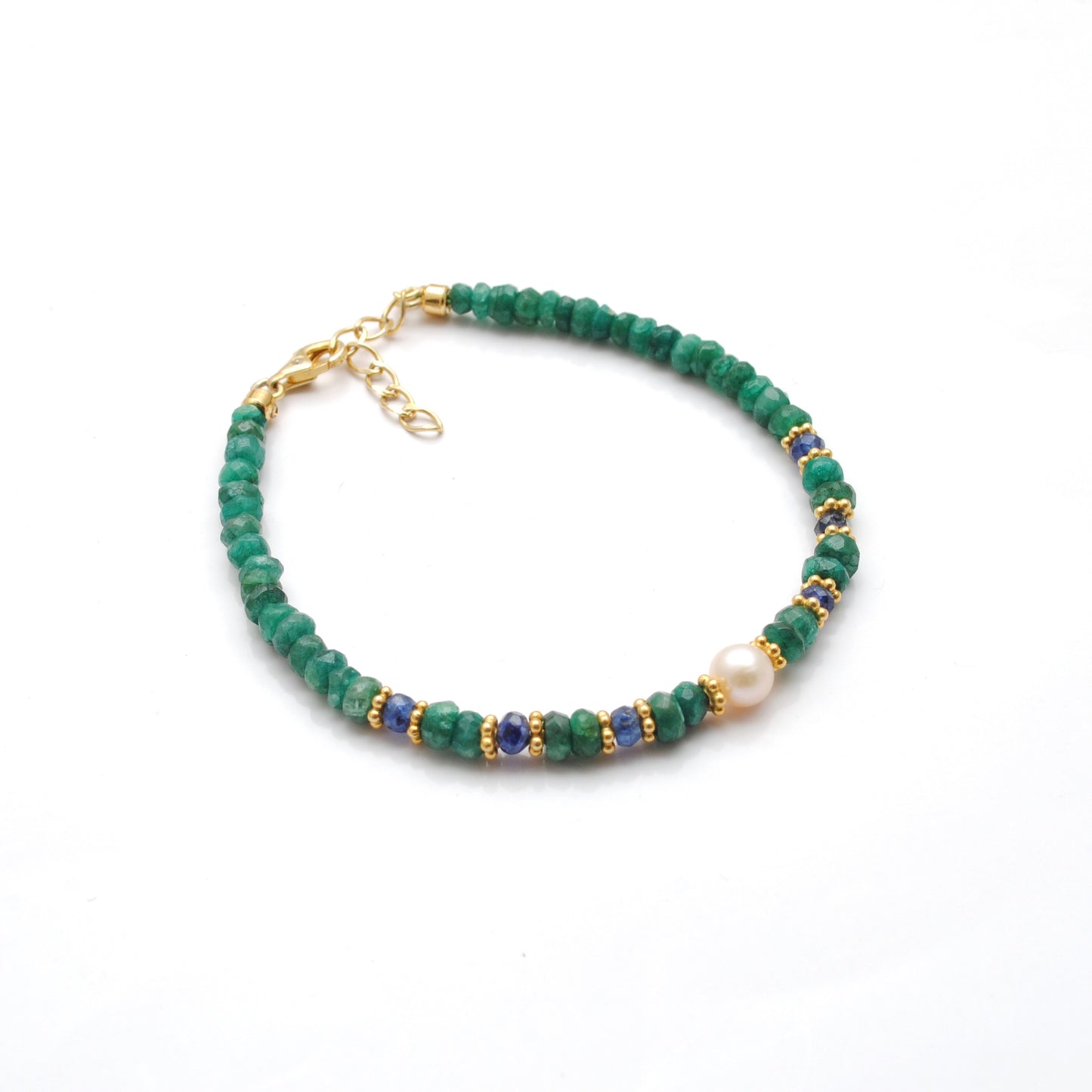 8-Inch Beaded Bracelet – 4mm Natural Blue Sapphire & Emerald, 5.5mm Freshwater Pearls