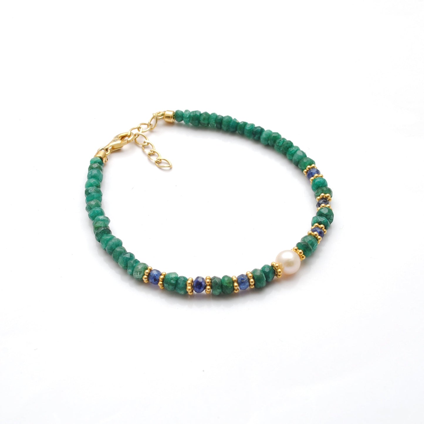 925 Sterling Silver Emerald & Sapphire Beaded Bracelet with Pearl