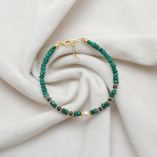 8-Inch Beaded Bracelet – 4mm Natural Blue Sapphire & Emerald, 5.5mm Freshwater Pearls - view 3