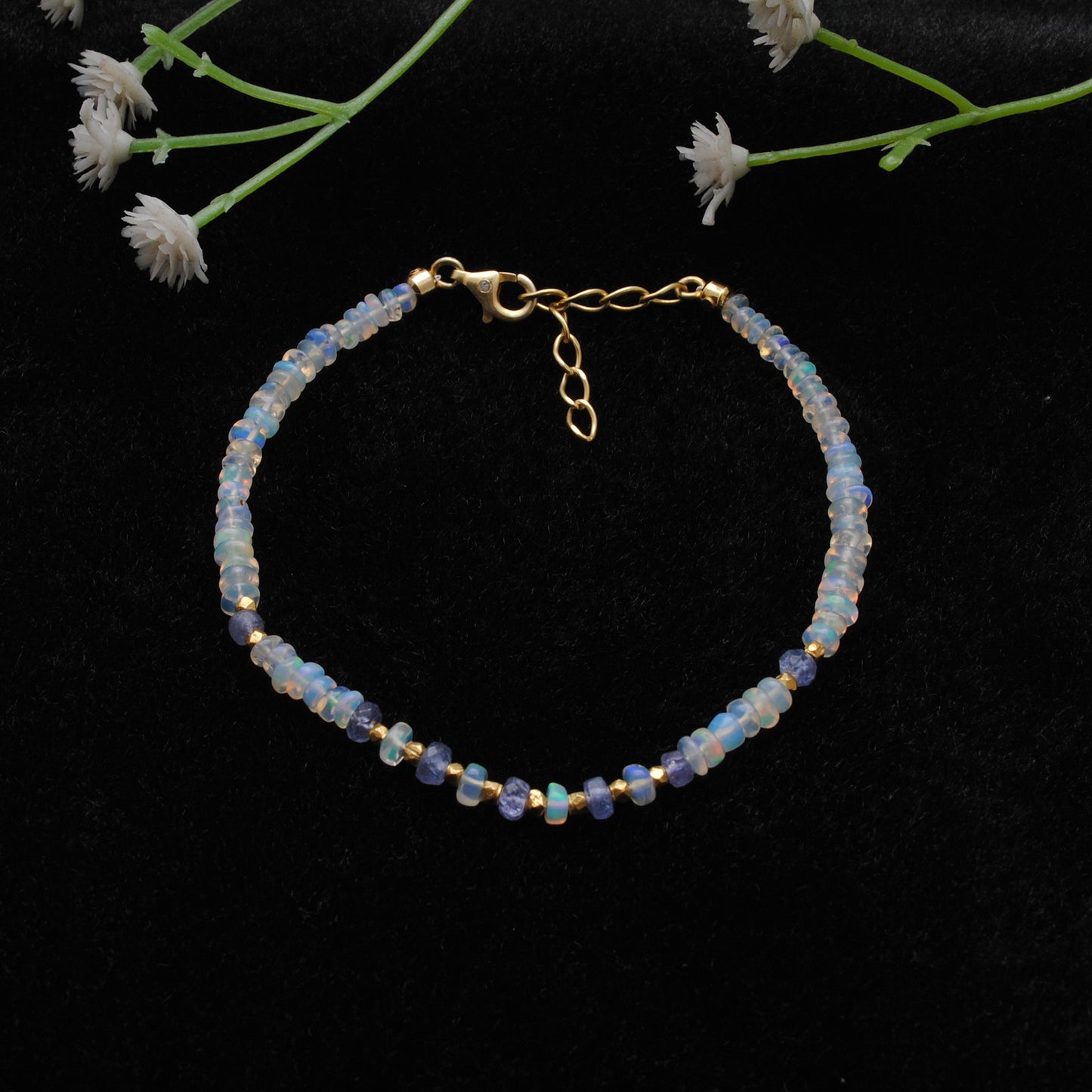 8" Natural Tanzanite & Opal Silver Bracelet – 4mm Gemstone Beads