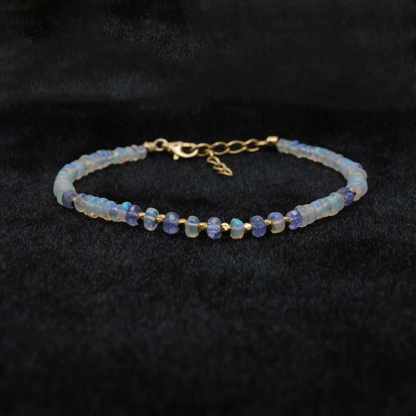 925 Silver Opal & Tanzanite Beaded Bracelet – Minimalist Gemstone Jewelry Gift