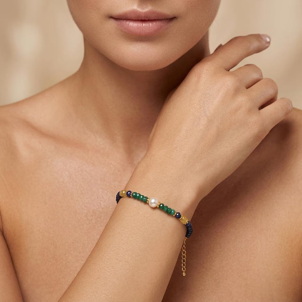 Emerald Sapphire Beads Bracelet With Pearl