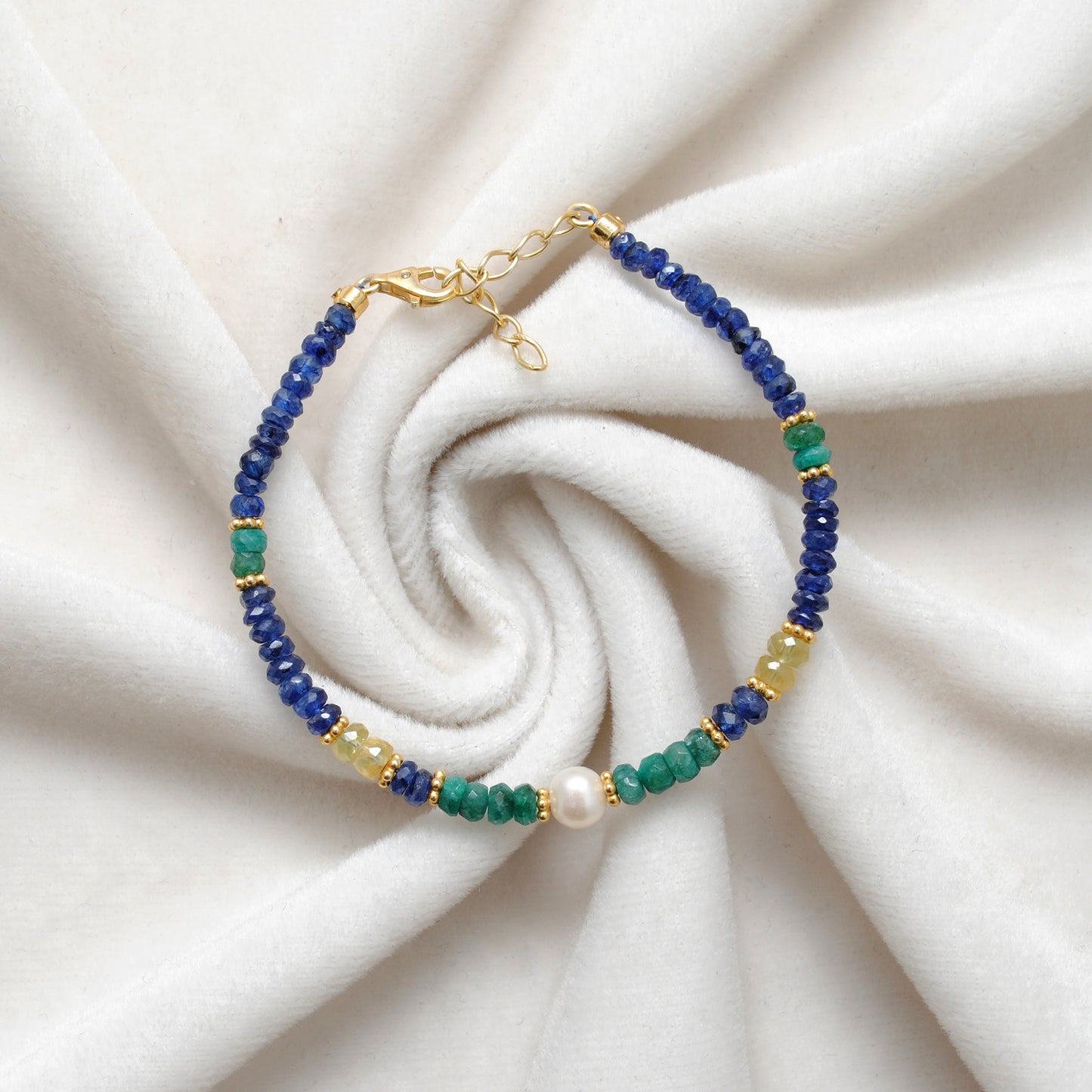 Natural Blue Sapphire, Emerald & Pearl Silver Bracelet
