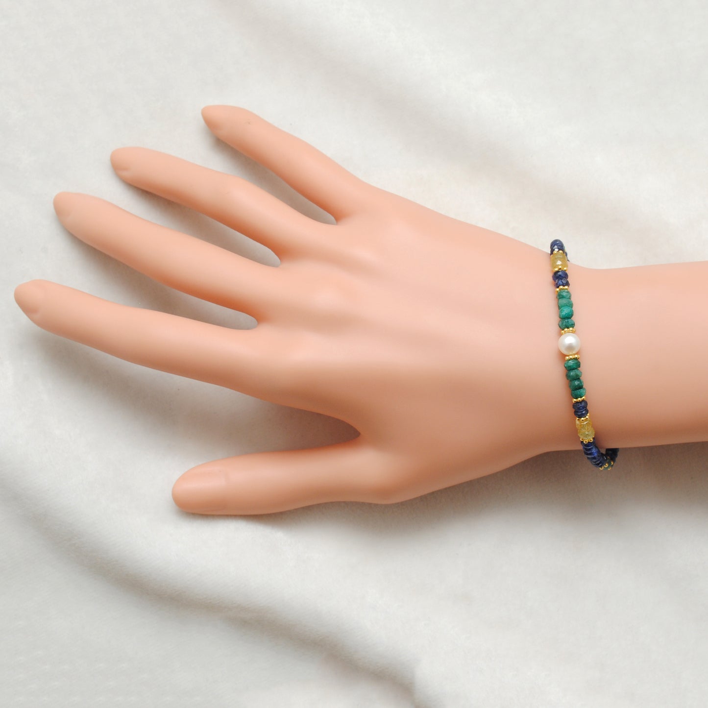 Natural Blue Sapphire, Emerald & Pearl Silver Bracelet