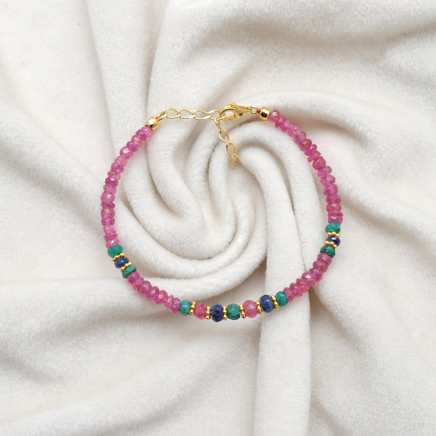 Natural Ruby, Emerald & Sapphire Silver Bracelet