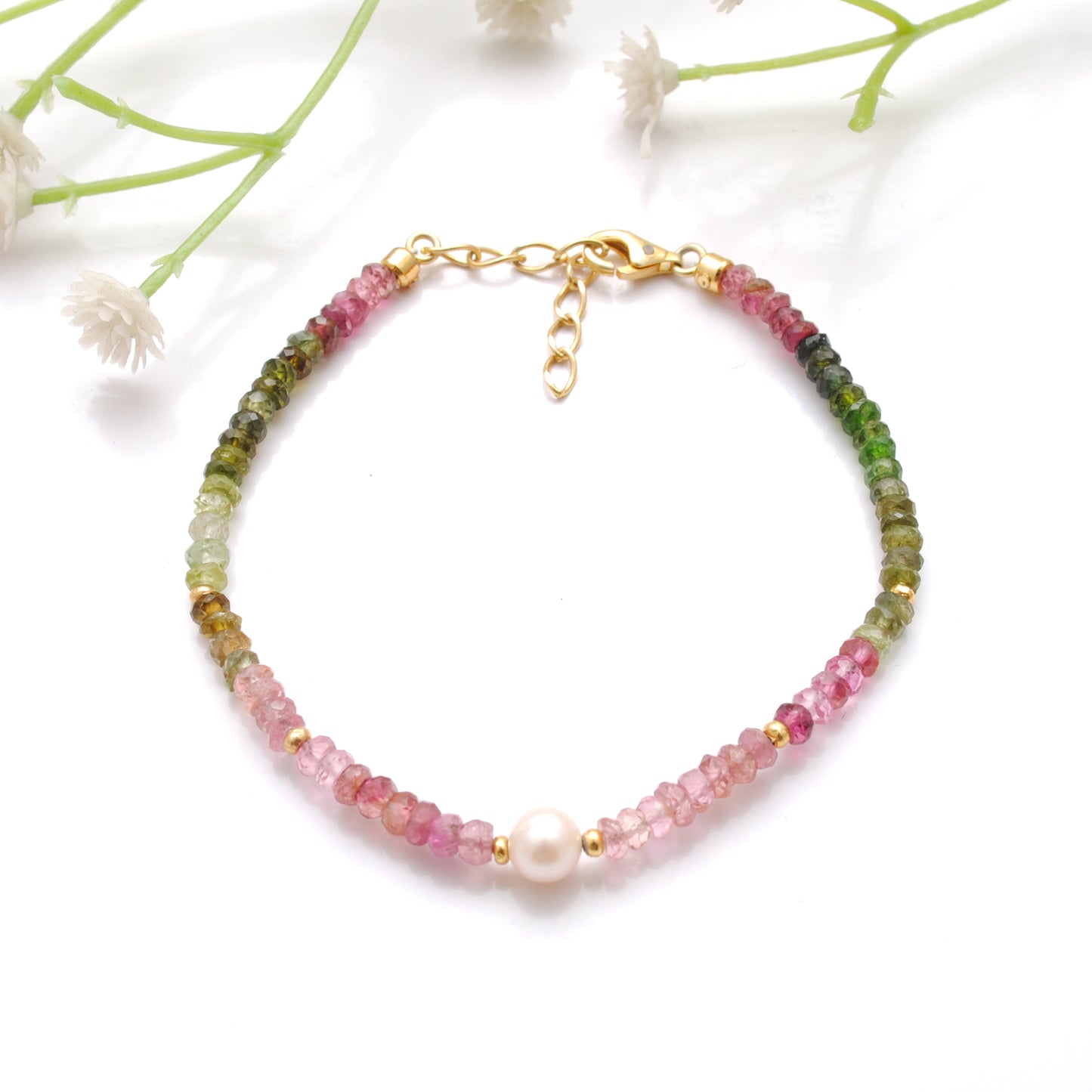 3.5mm Natural Multi Tourmaline & 5.5mm Pearl Beaded 8" Bracelet