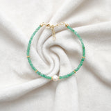 Natural 3mm Emerald & 6mmFreshwater Pearl Beaded 8" Bracelet