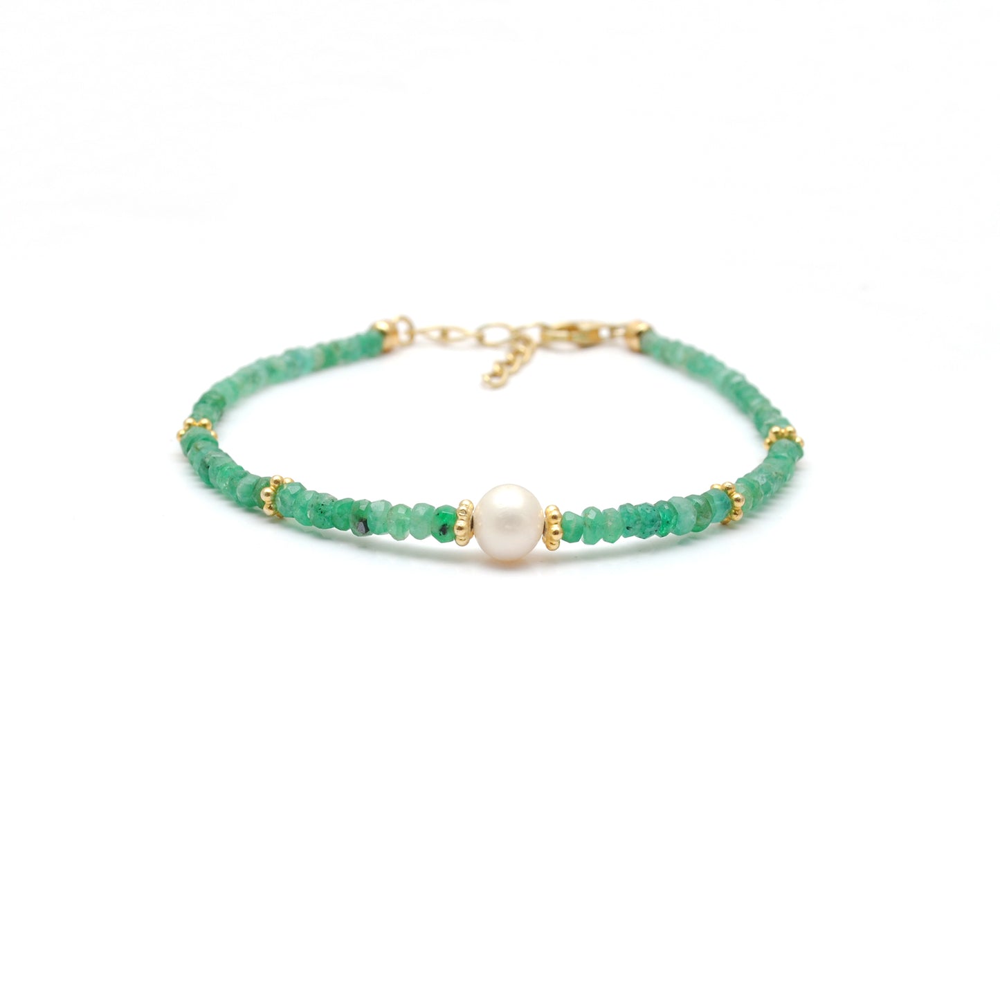 Natural 3mm Emerald & 6mmFreshwater Pearl Beaded 8" Bracelet